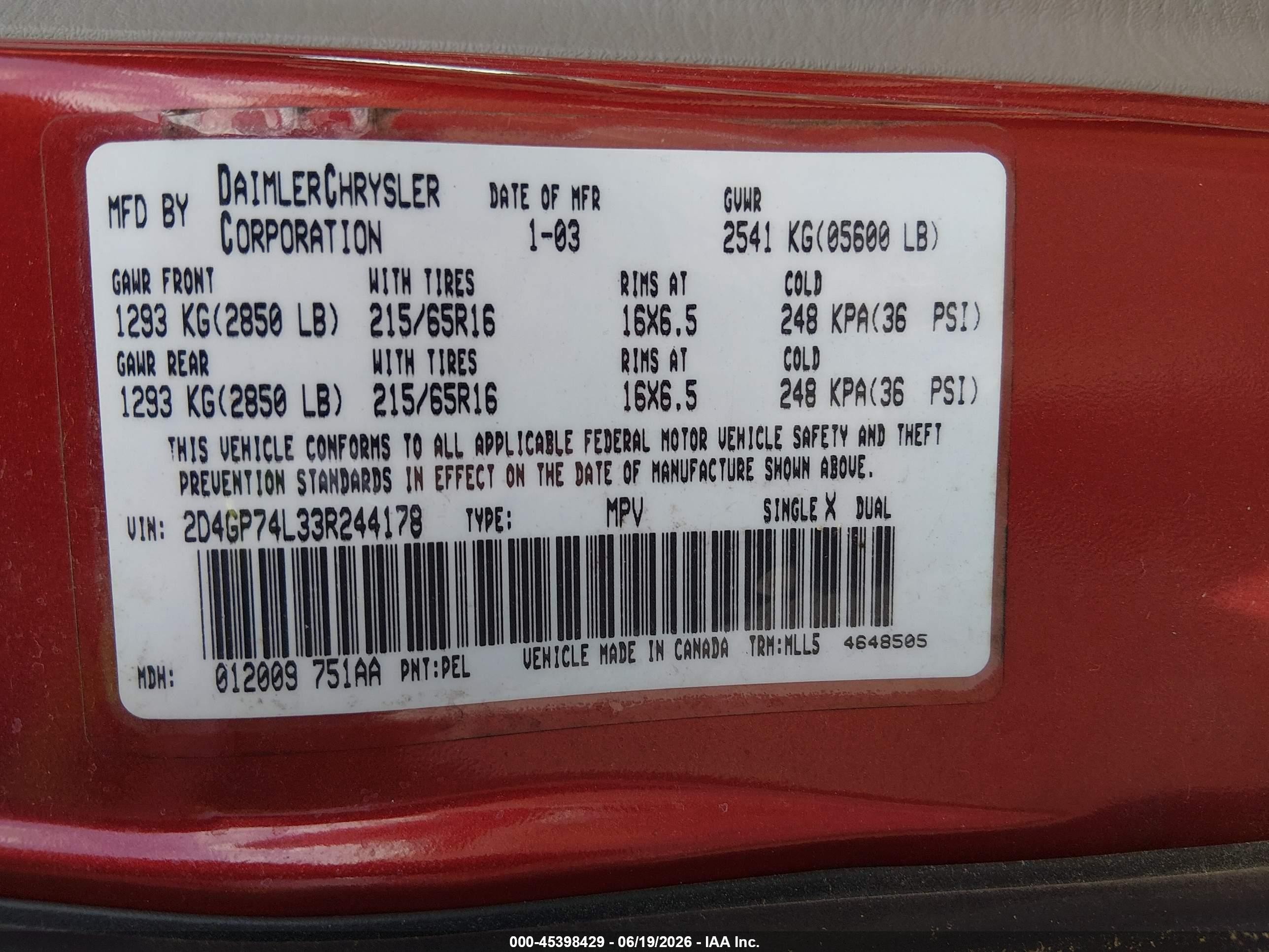 2003 Dodge Grand Caravan Ex Red vin: 2D4GP74L33R244178