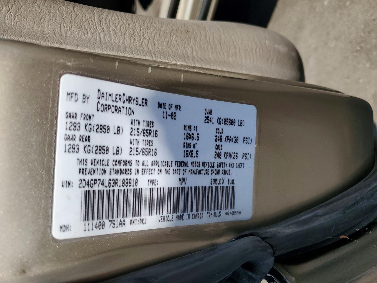 2003 Dodge Grand Caravan Ex Tan vin: 2D4GP74L63R189810
