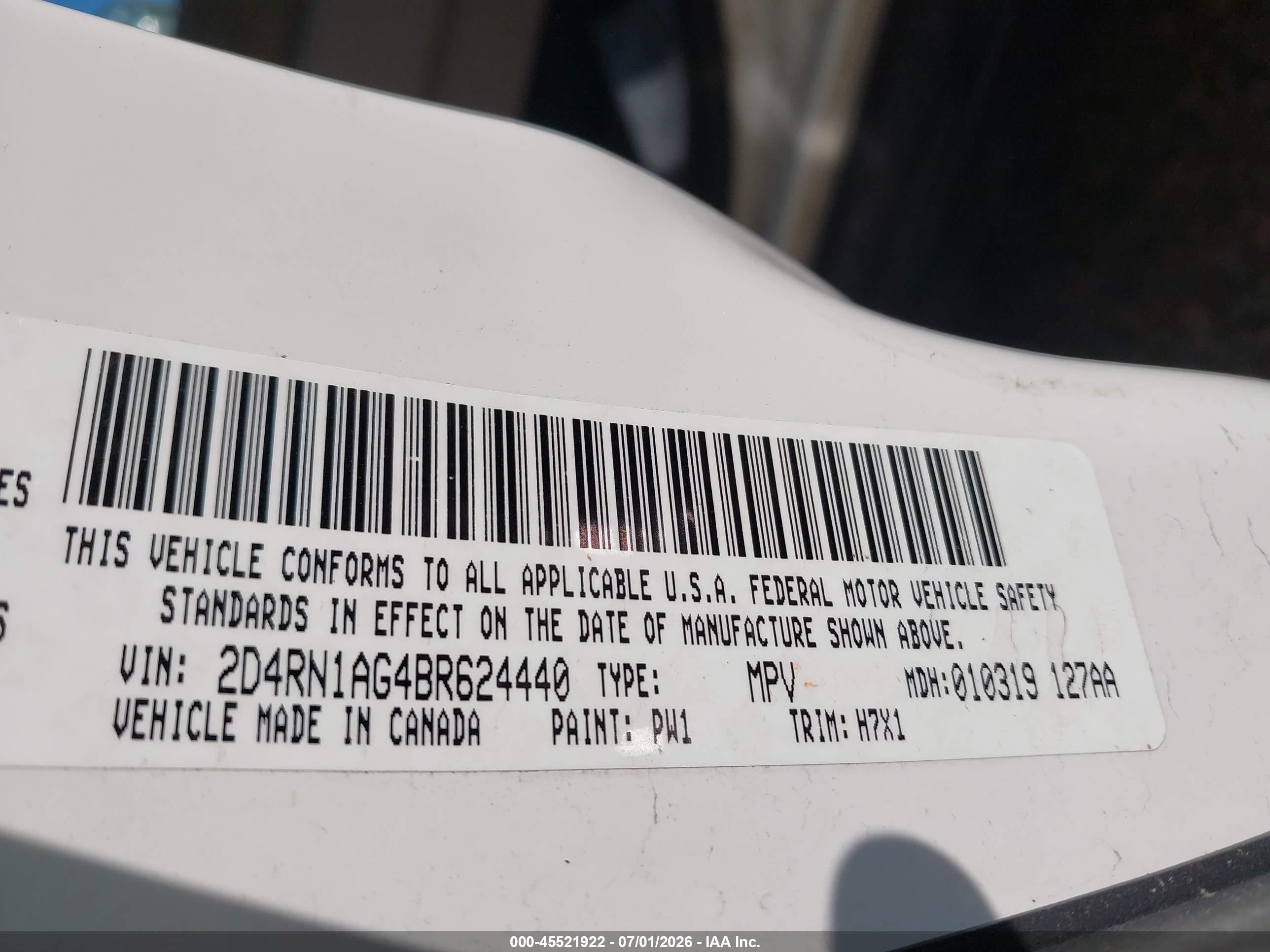 2011 Dodge Grand Caravan C/v White vin: 2D4RN1AG4BR624440