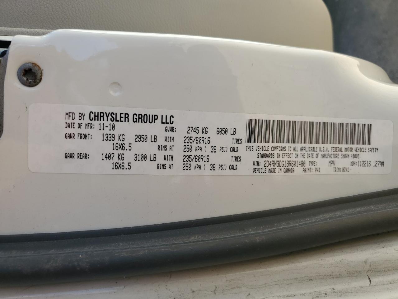 2011 Dodge Grand Caravan Mainstreet White vin: 2D4RN3DG1BR601480