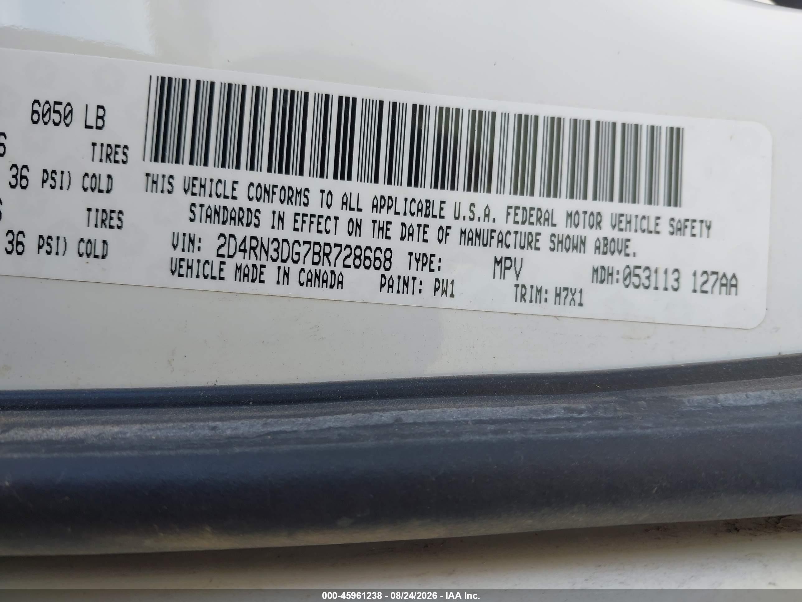 2011 Dodge Grand Caravan Mainstreet White vin: 2D4RN3DG7BR728668