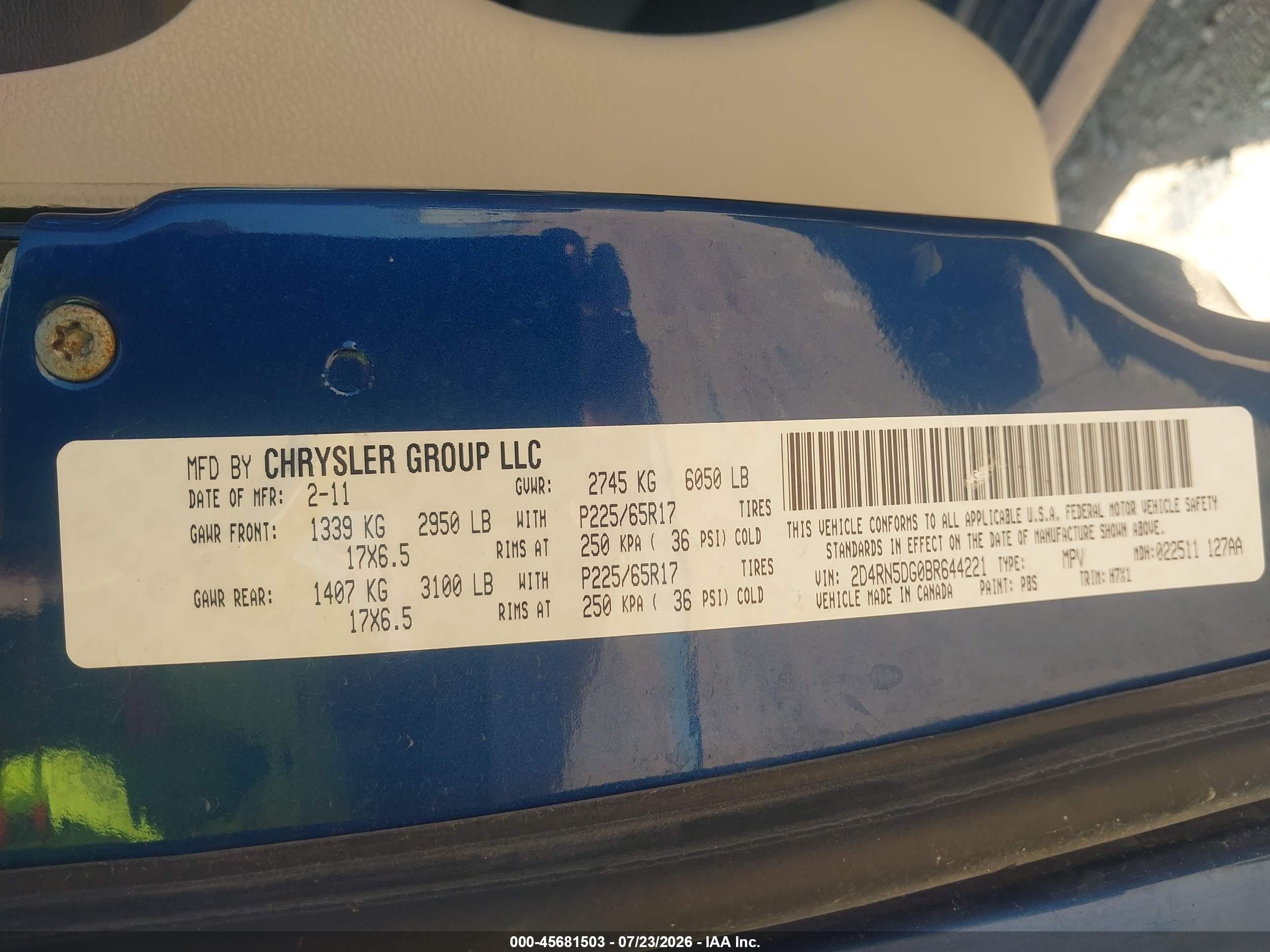 2011 Dodge Grand Caravan Crew Dark Blue vin: 2D4RN5DG0BR644221