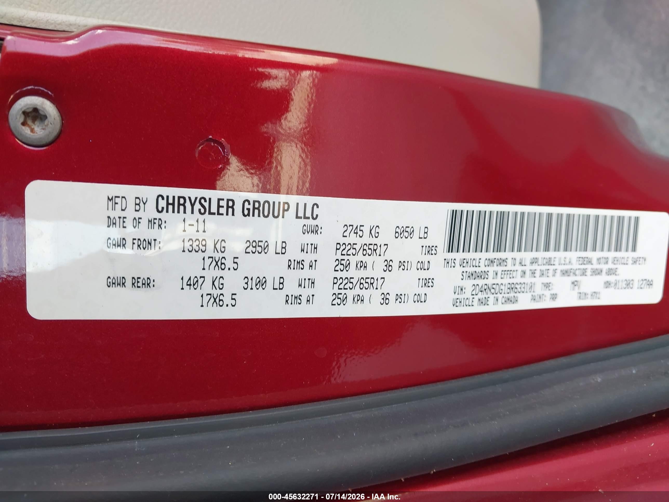 2011 Dodge Grand Caravan Crew Burgundy vin: 2D4RN5DG1BR633101