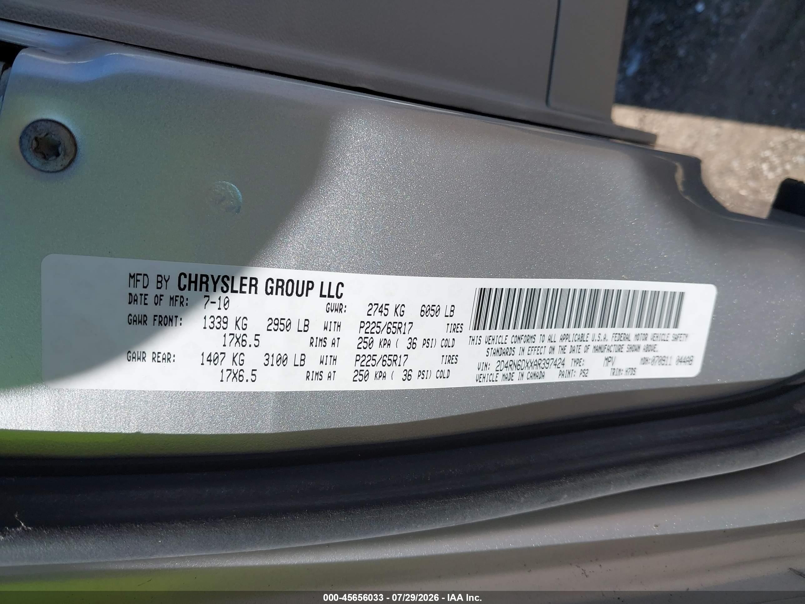 2010 Dodge Grand Caravan Crew Silver vin: 2D4RN6DXXAR397424