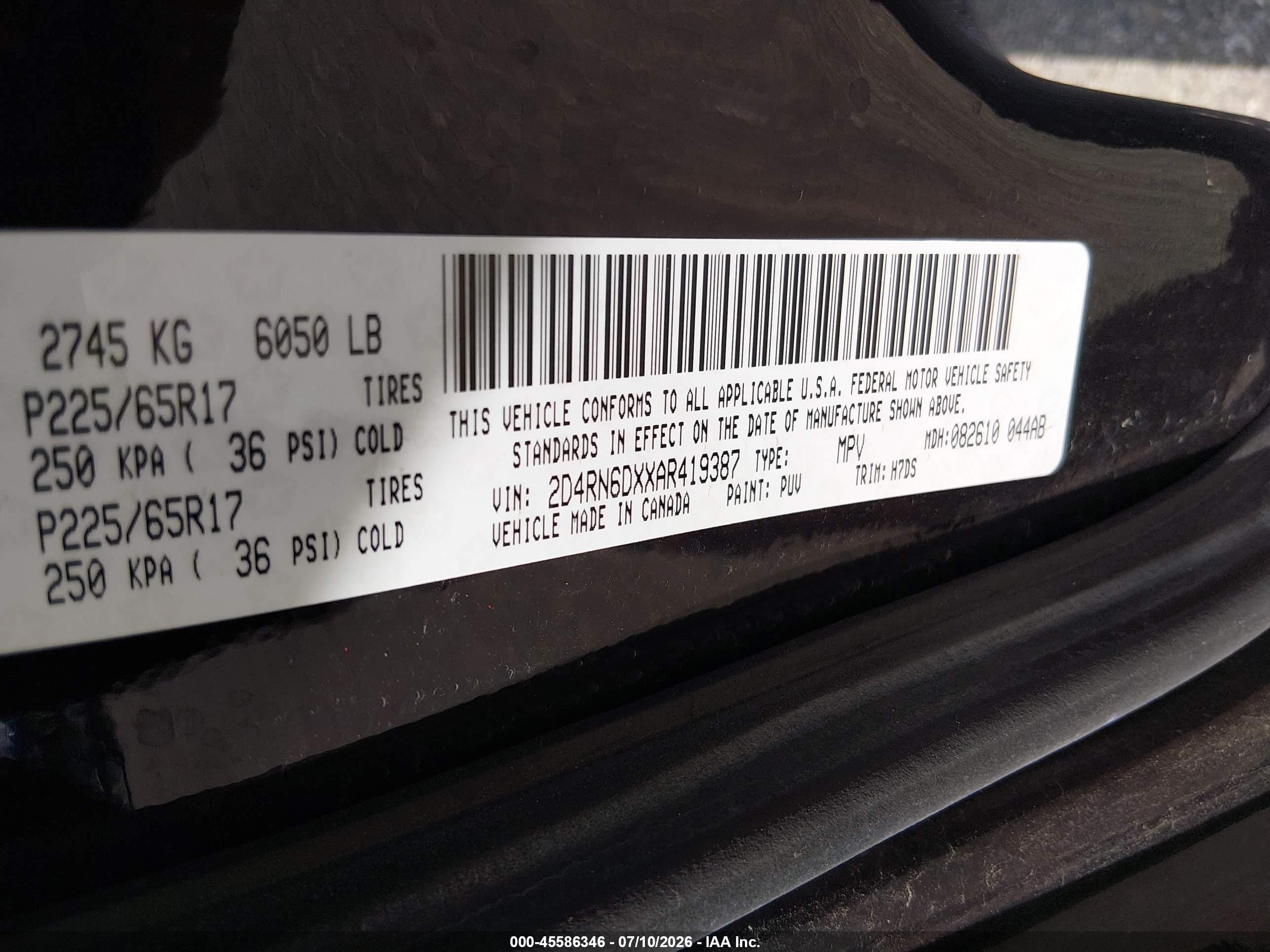2010 Dodge Grand Caravan Crew Purple vin: 2D4RN6DXXAR419387