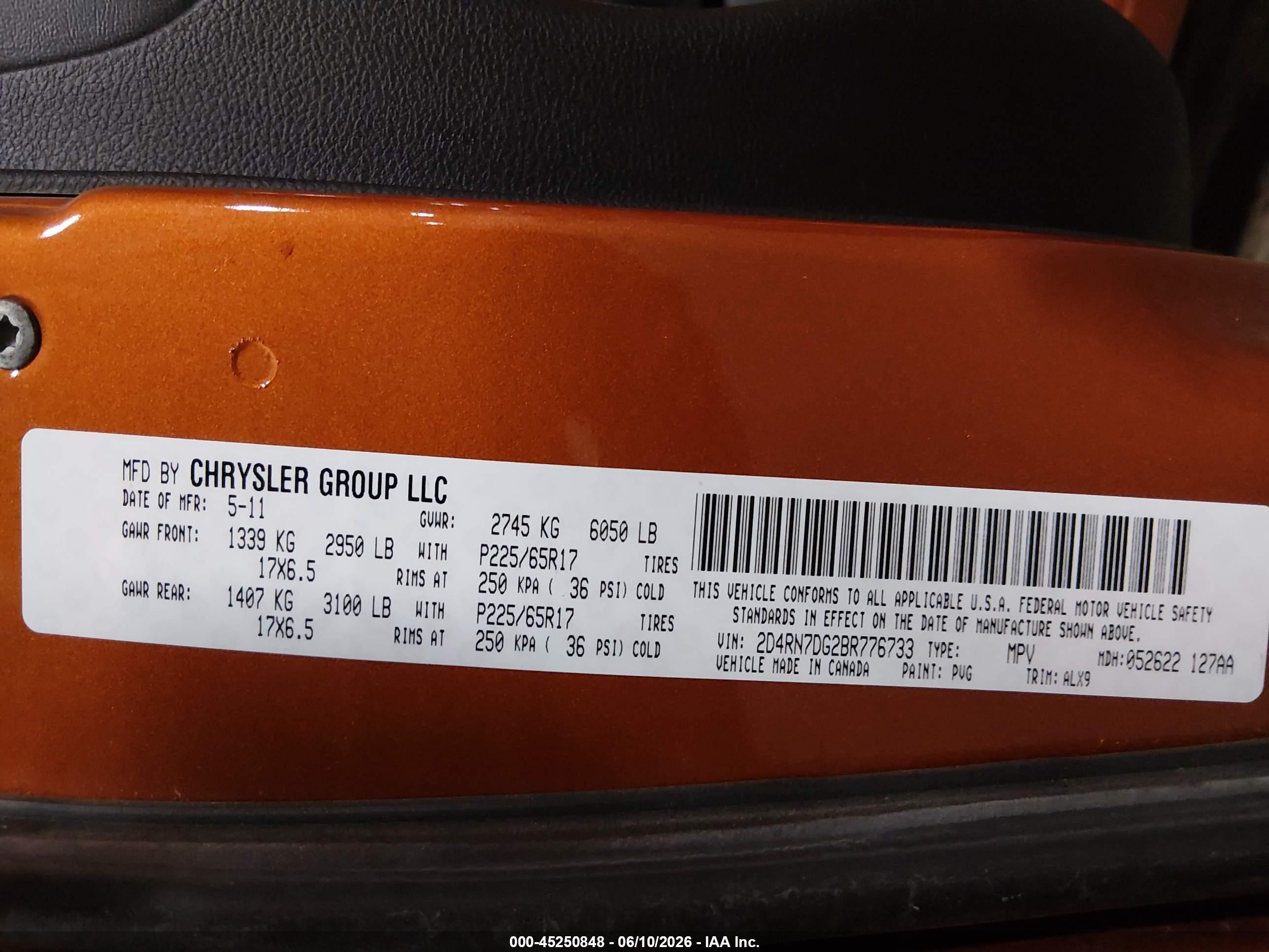 2011 Dodge Grand Caravan R/t Orange vin: 2D4RN7DG2BR776733