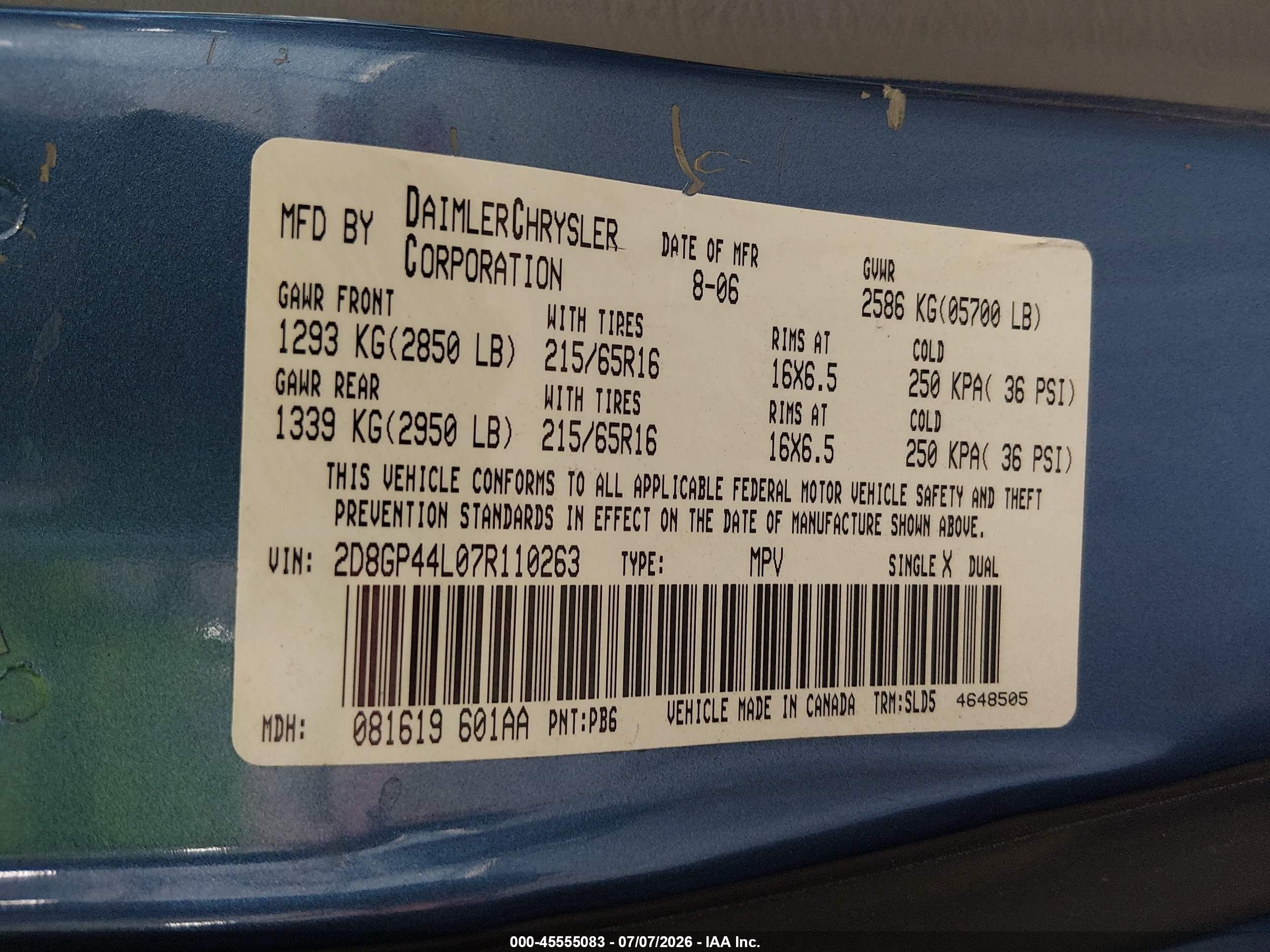 2007 Dodge Grand Caravan Sxt Blue vin: 2D8GP44L07R110263