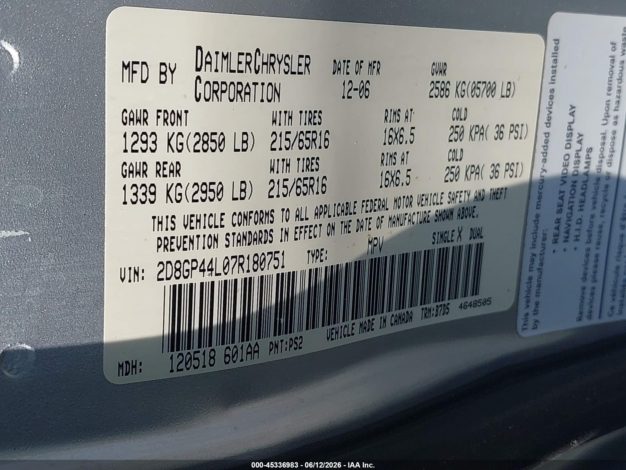 2007 Dodge Grand Caravan Sxt Gray vin: 2D8GP44L07R180751