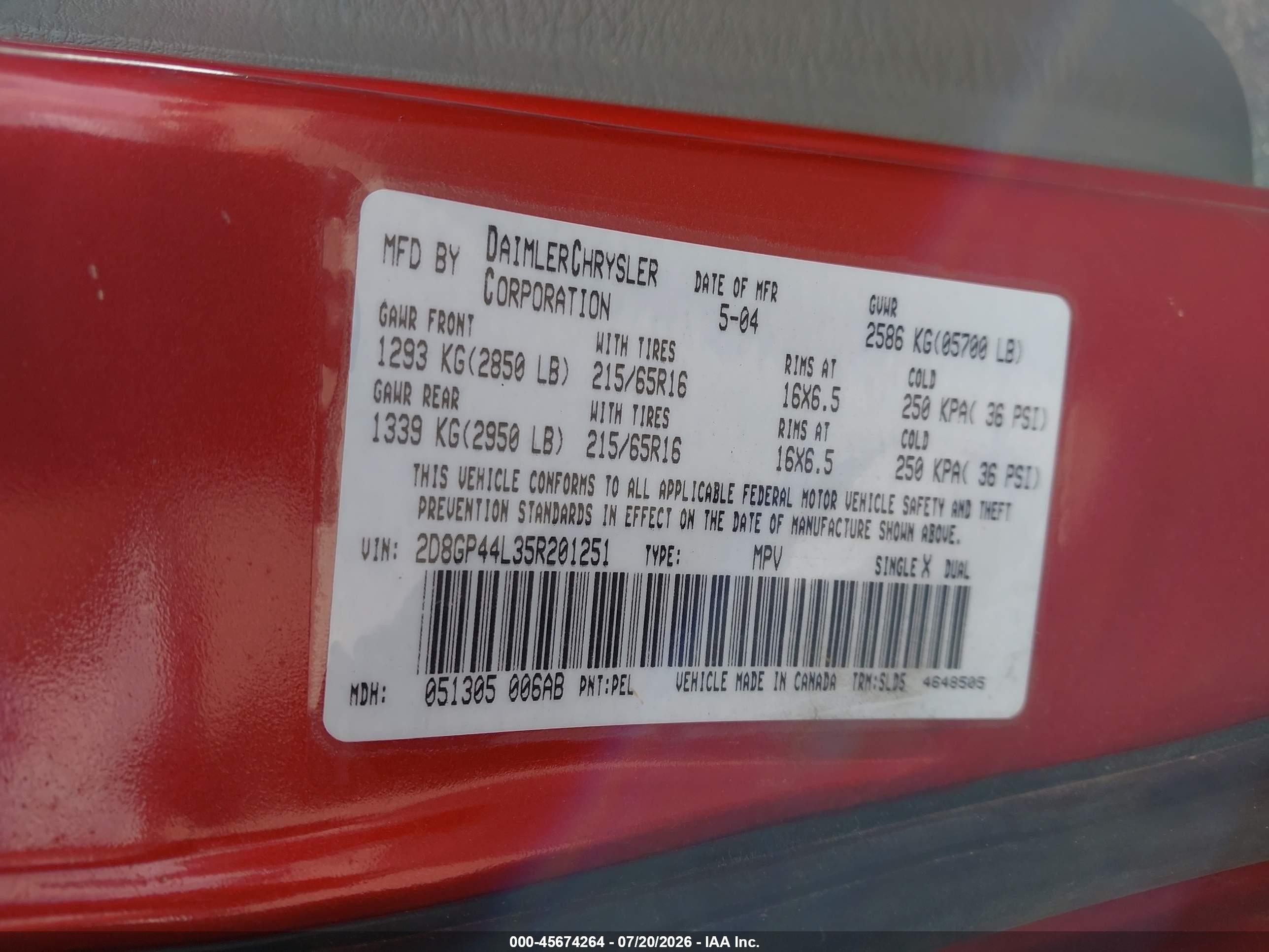 2005 Dodge Caravan Sxt Red vin: 2D8GP44L35R201251