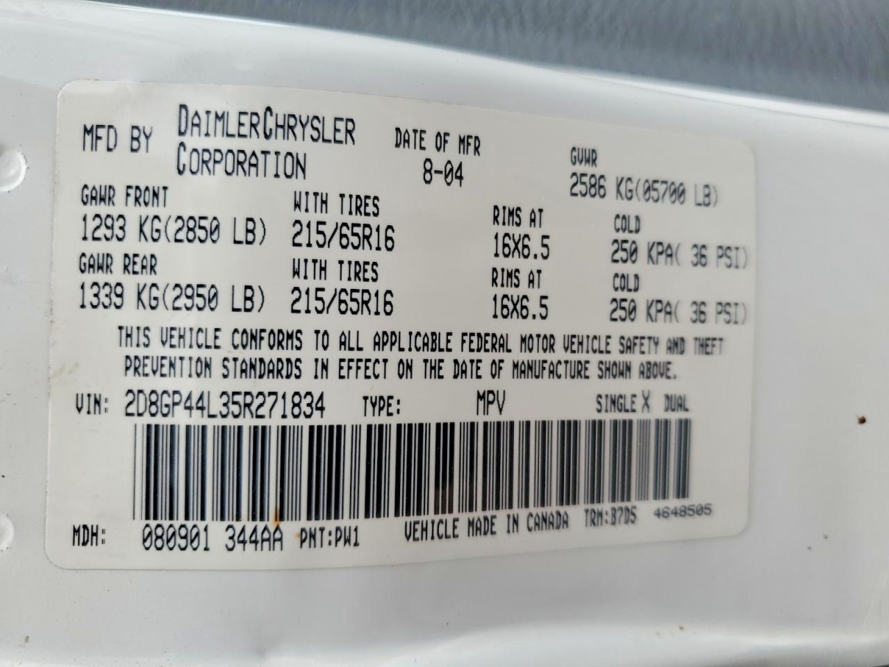 2005 Dodge Grand Caravan Sxt White vin: 2D8GP44L35R271834