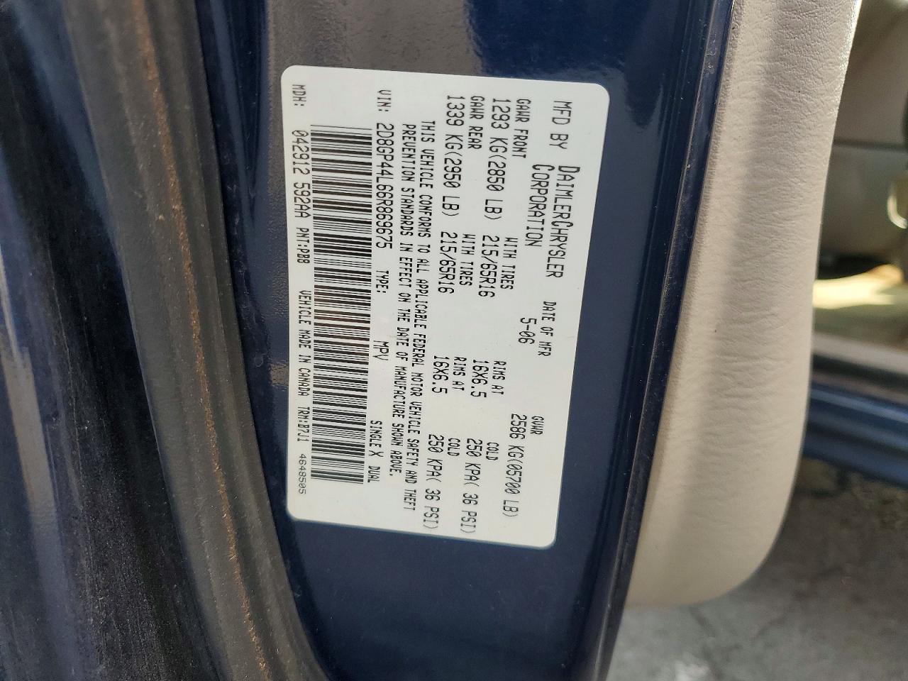 2006 Dodge Grand Caravan Sxt Blue vin: 2D8GP44L66R869675