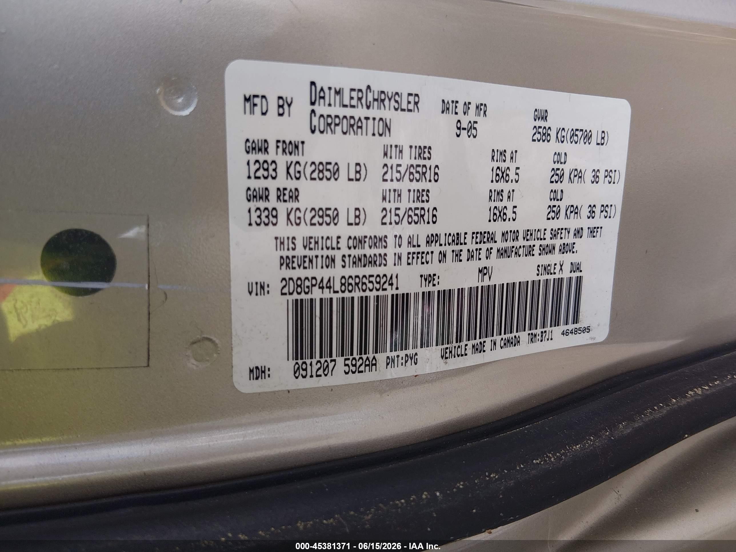 2006 Dodge Grand Caravan Sxt Gold vin: 2D8GP44L86R659241