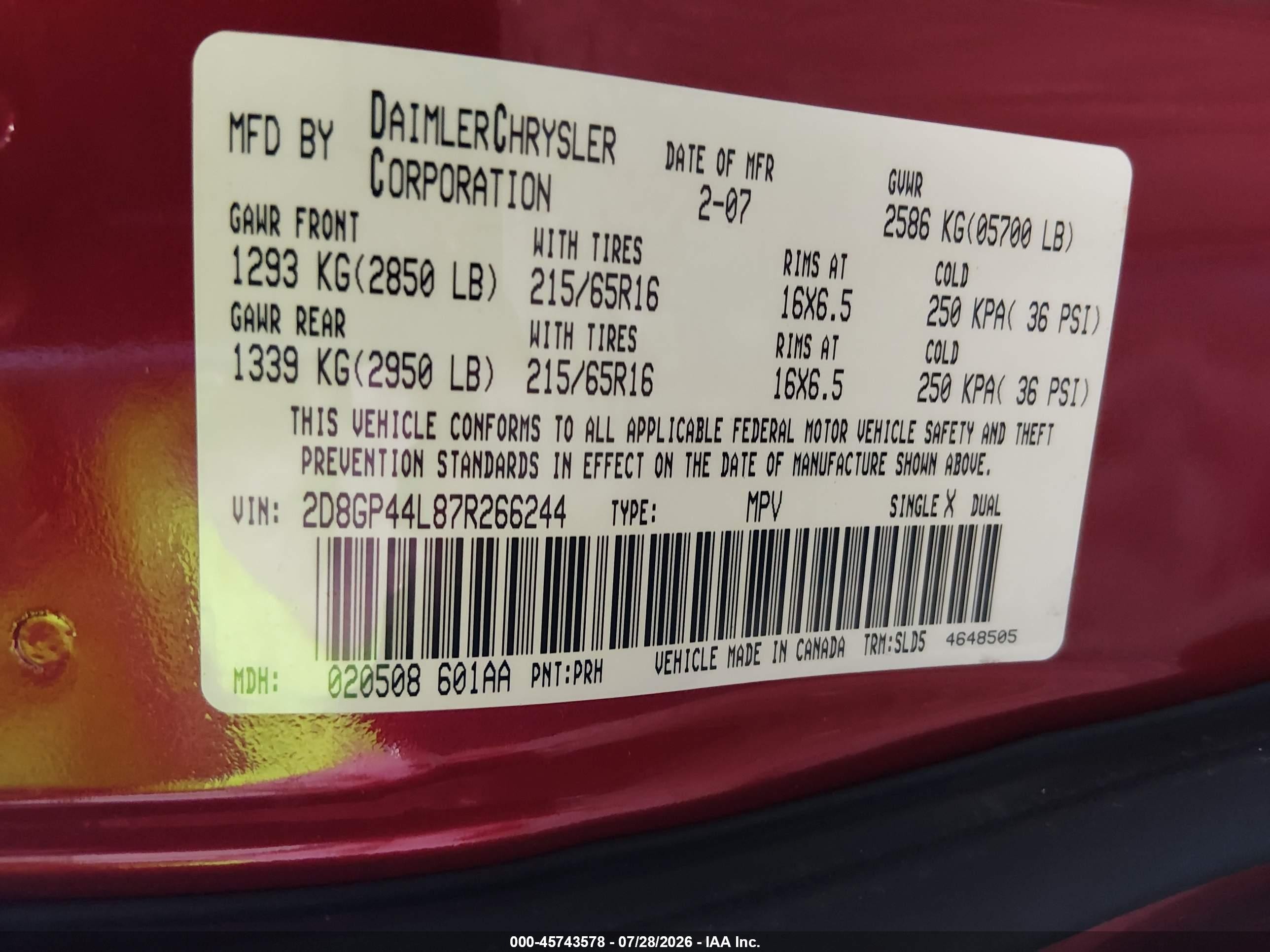 2007 Dodge Grand Caravan Sxt Red vin: 2D8GP44L87R266244