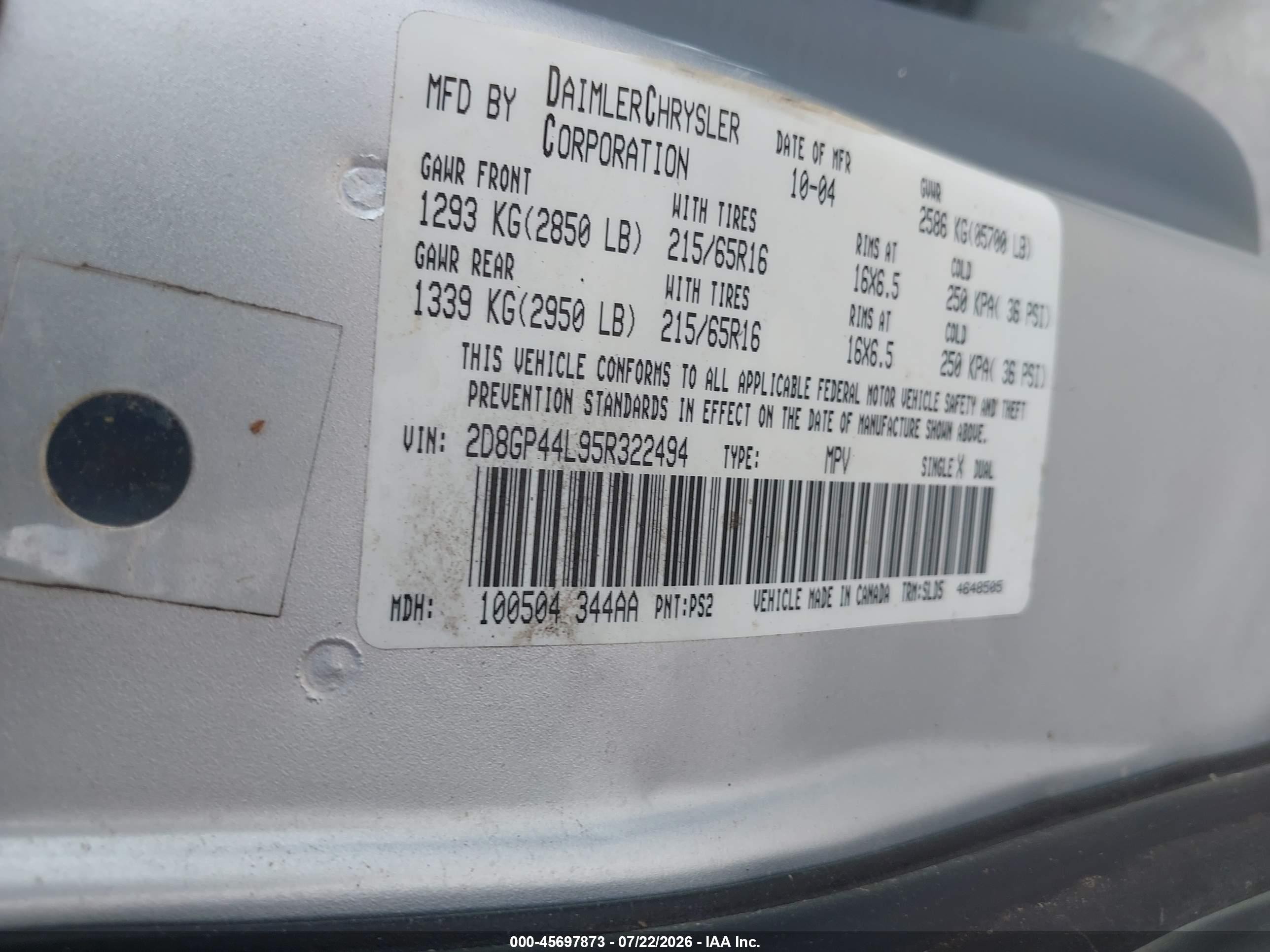 2005 Dodge Caravan Sxt Silver vin: 2D8GP44L95R322494