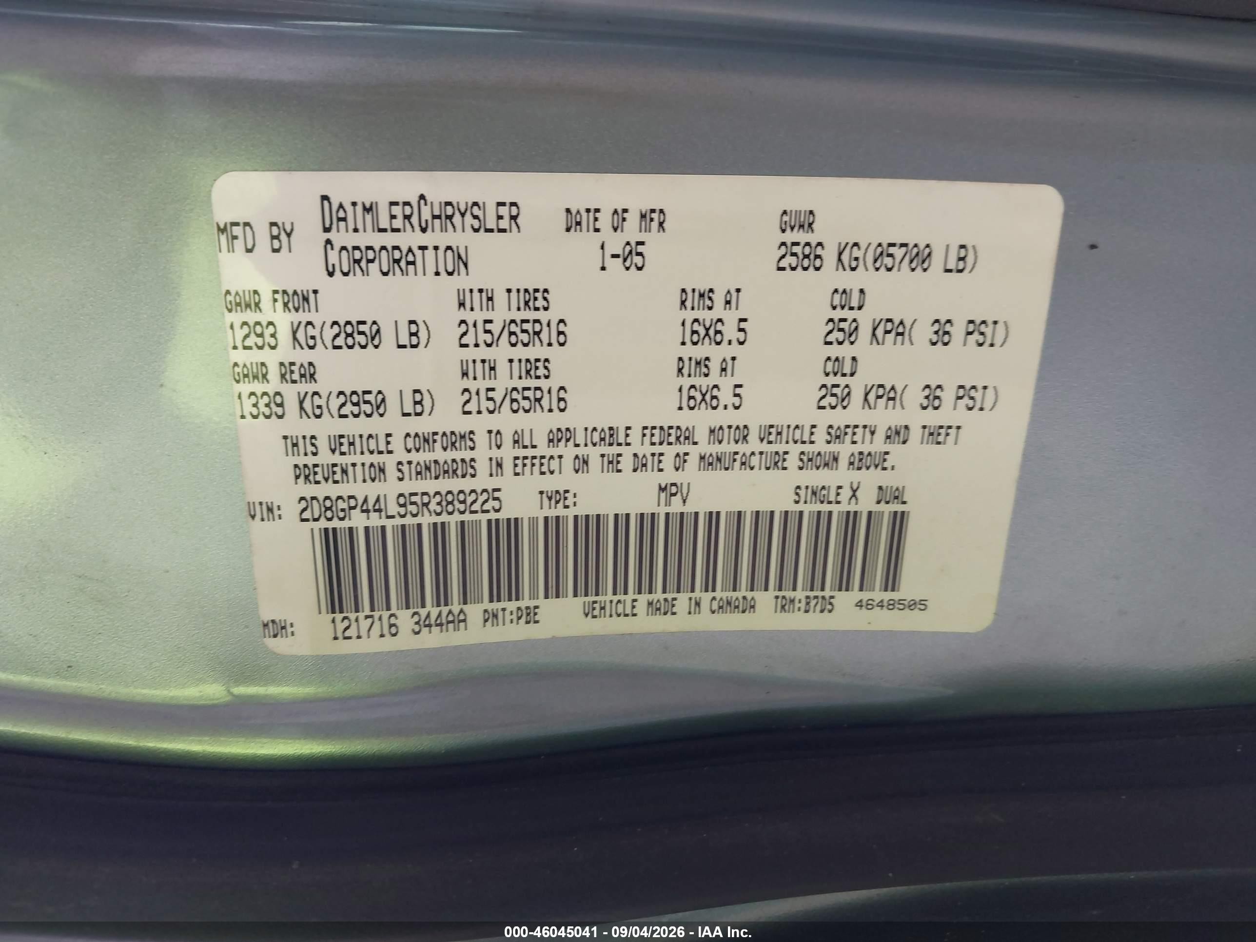 2005 Dodge Grand Caravan Sxt Blue vin: 2D8GP44L95R389225