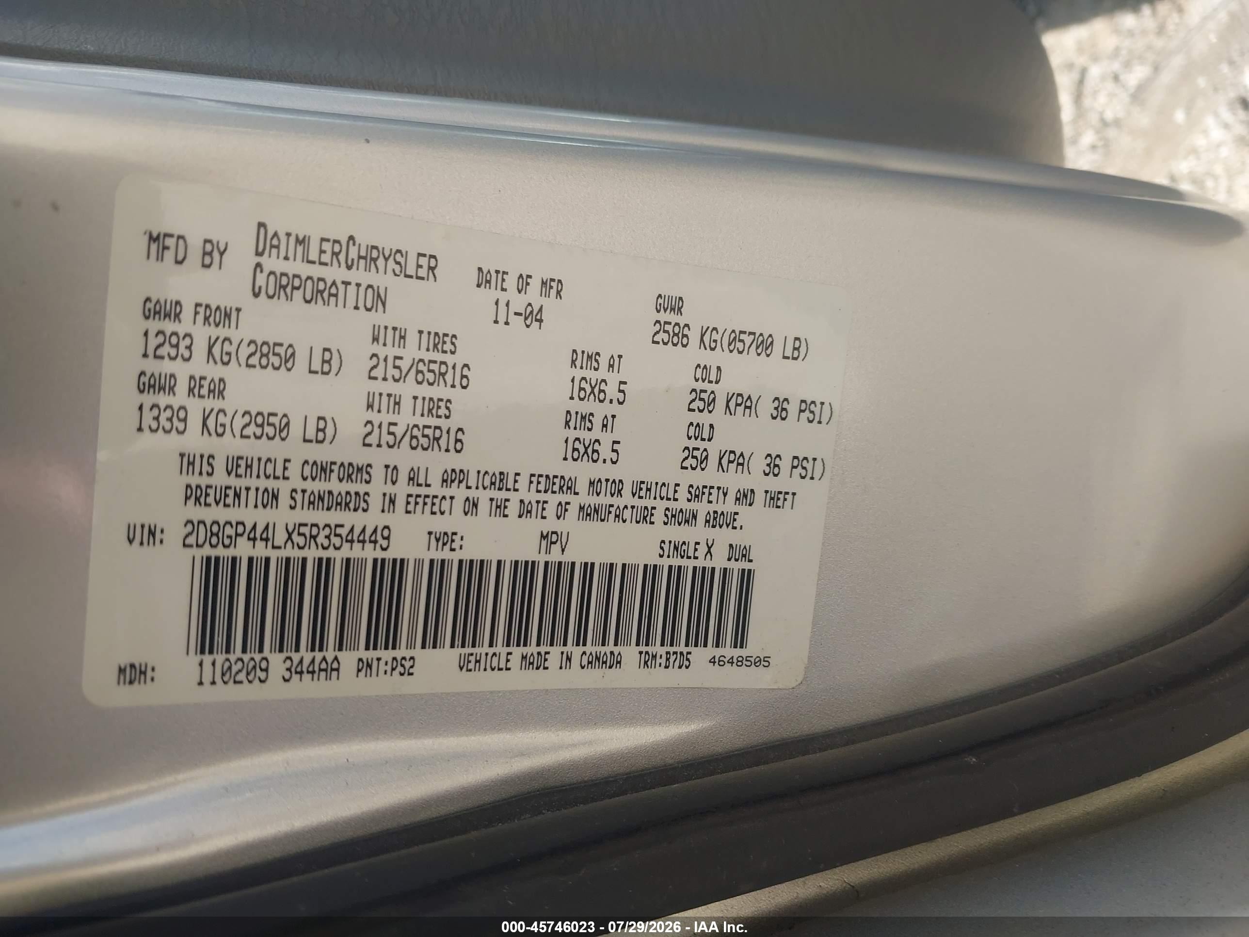 2005 Dodge Caravan Sxt Silver vin: 2D8GP44LX5R354449