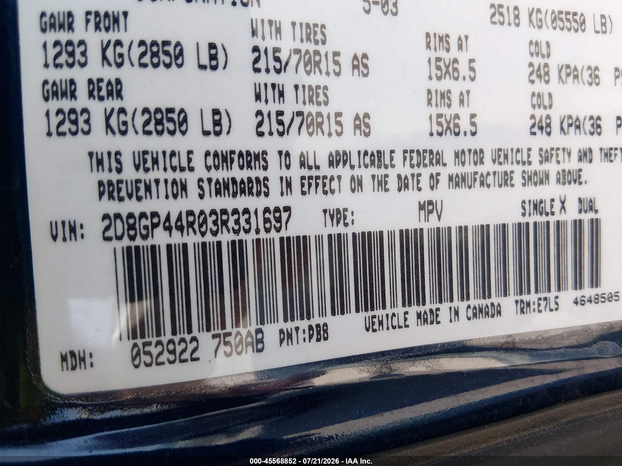 2003 Dodge Grand Caravan Sport Blue vin: 2D8GP44R03R331697