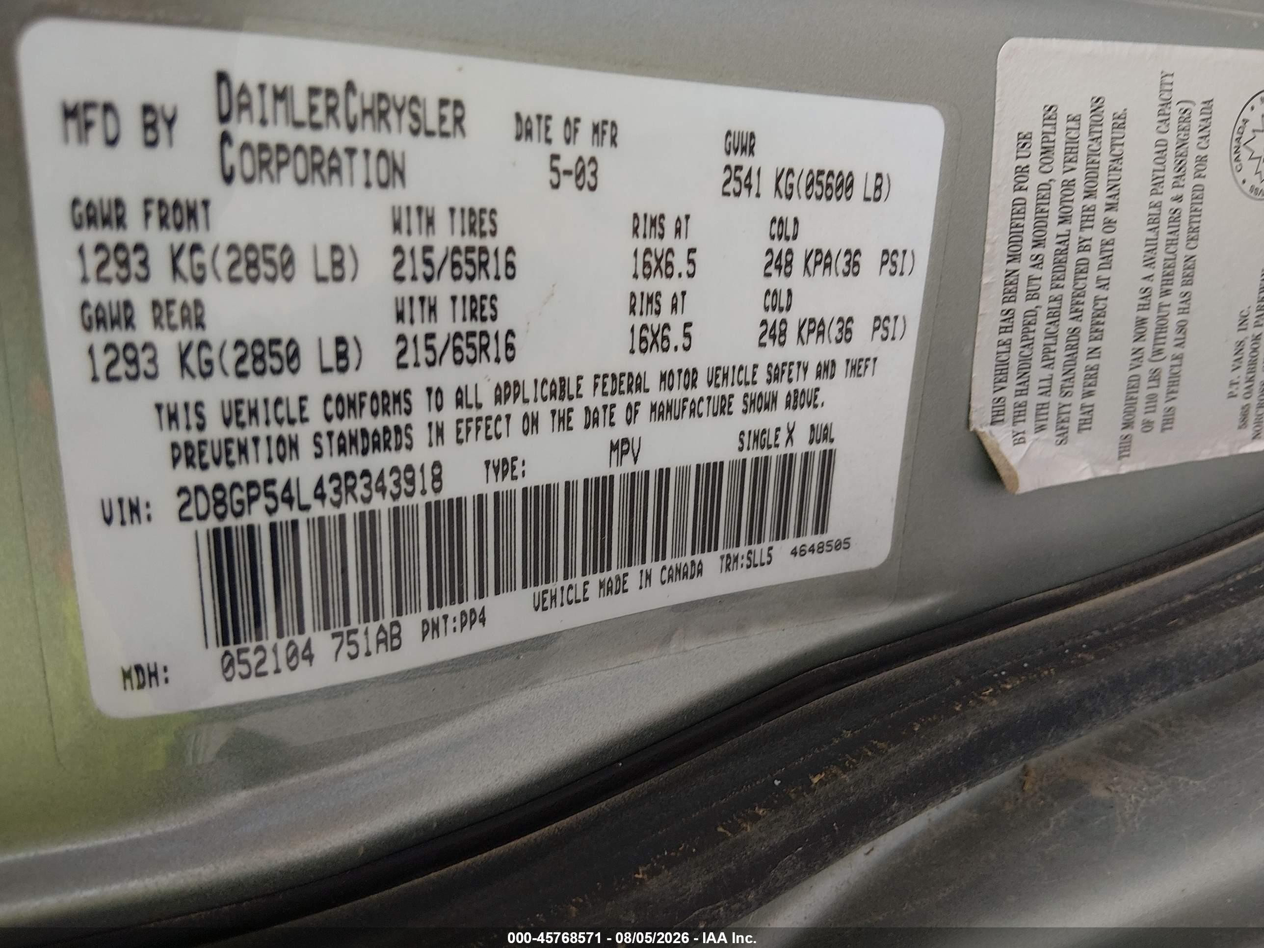 2003 Dodge Grand Caravan Es Green vin: 2D8GP54L43R343918