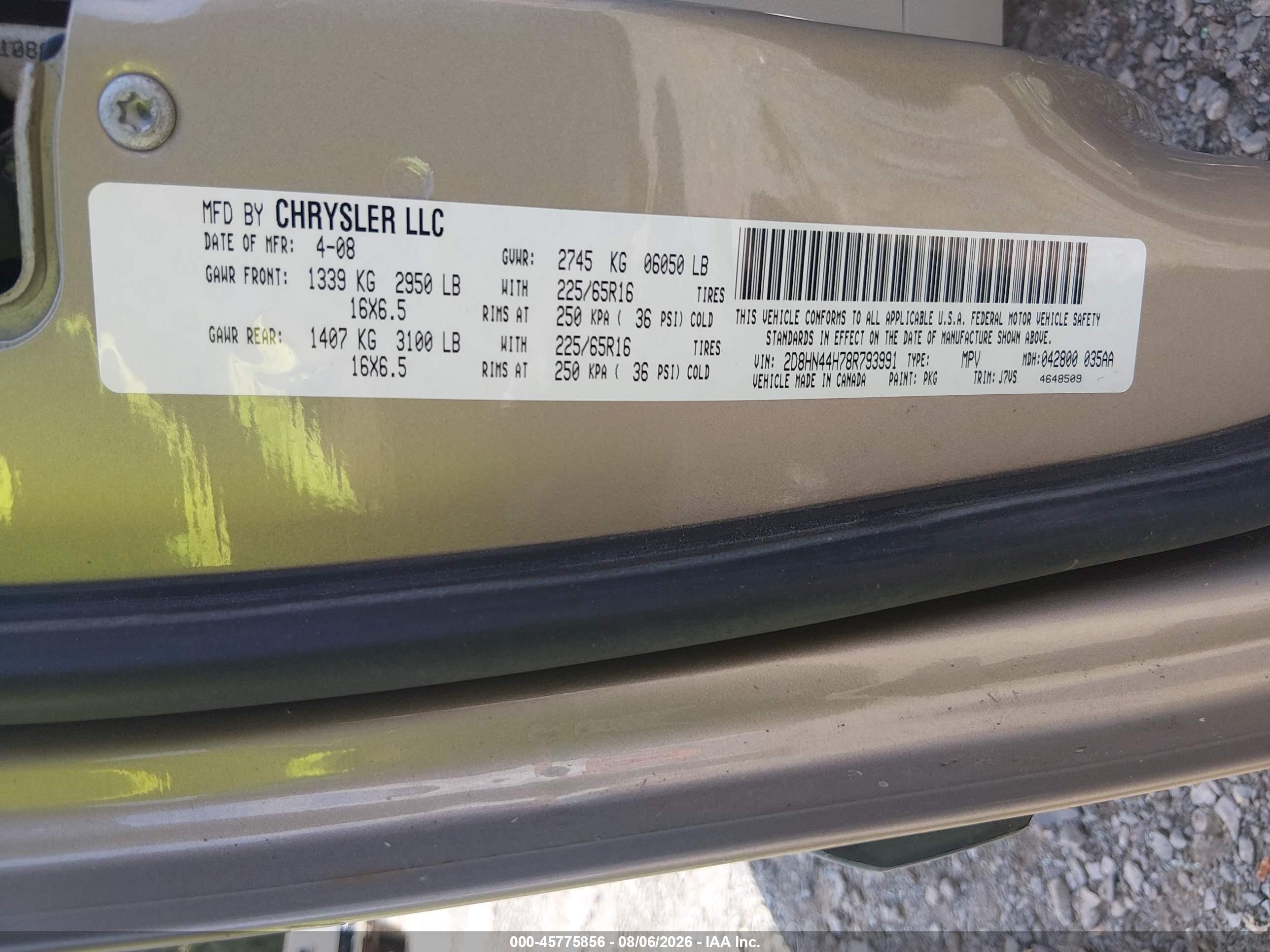 2008 Dodge Grand Caravan Se Tan vin: 2D8HN44H78R793991