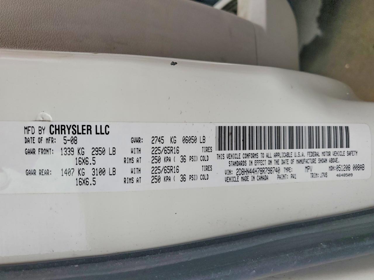 2008 Dodge Grand Caravan Se White vin: 2D8HN44H78R798740