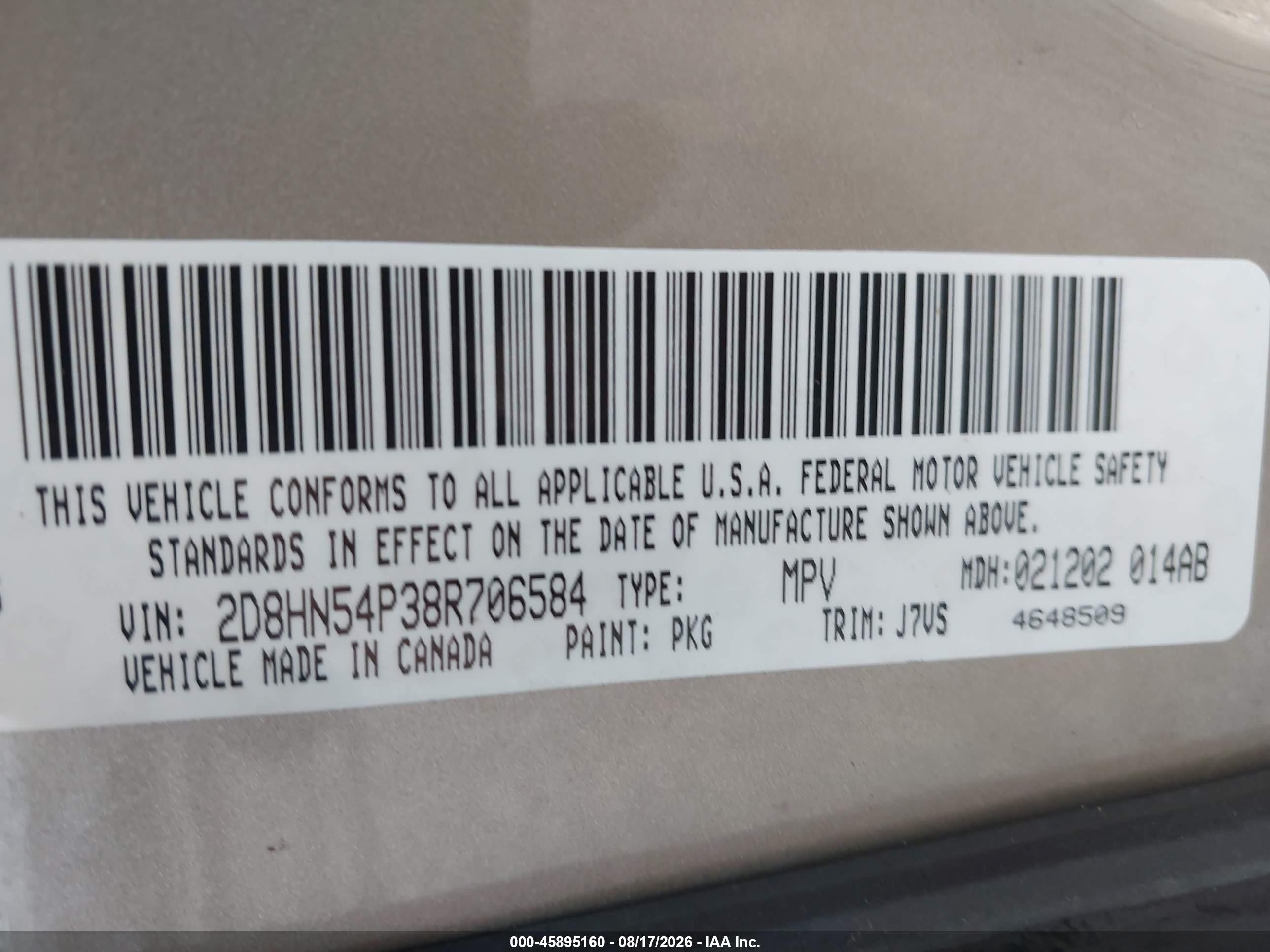 2008 Dodge Grand Caravan Sxt Beige vin: 2D8HN54P38R706584