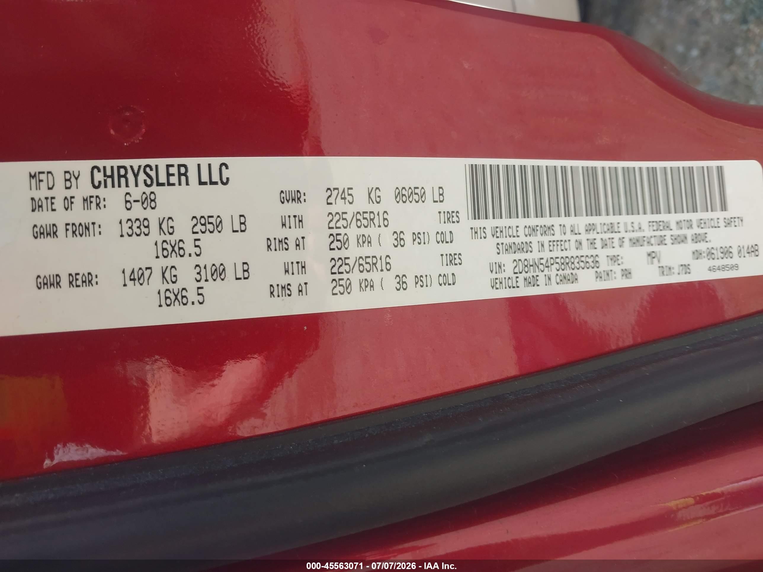 2008 Dodge Grand Caravan Sxt Maroon vin: 2D8HN54P58R835636