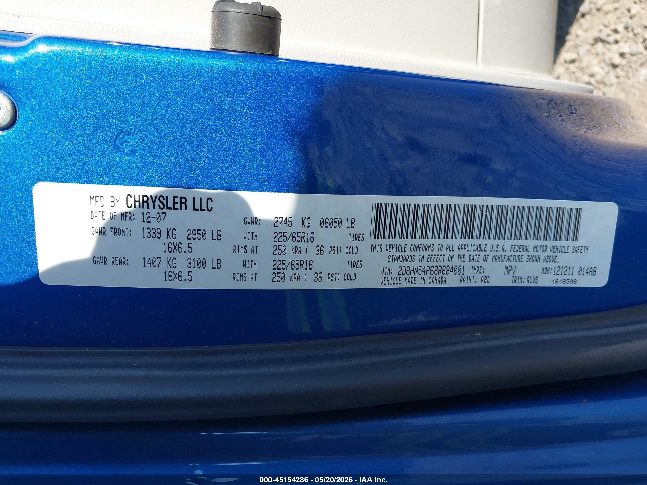 2008 Dodge Grand Caravan Sxt Blue vin: 2D8HN54P68R684001