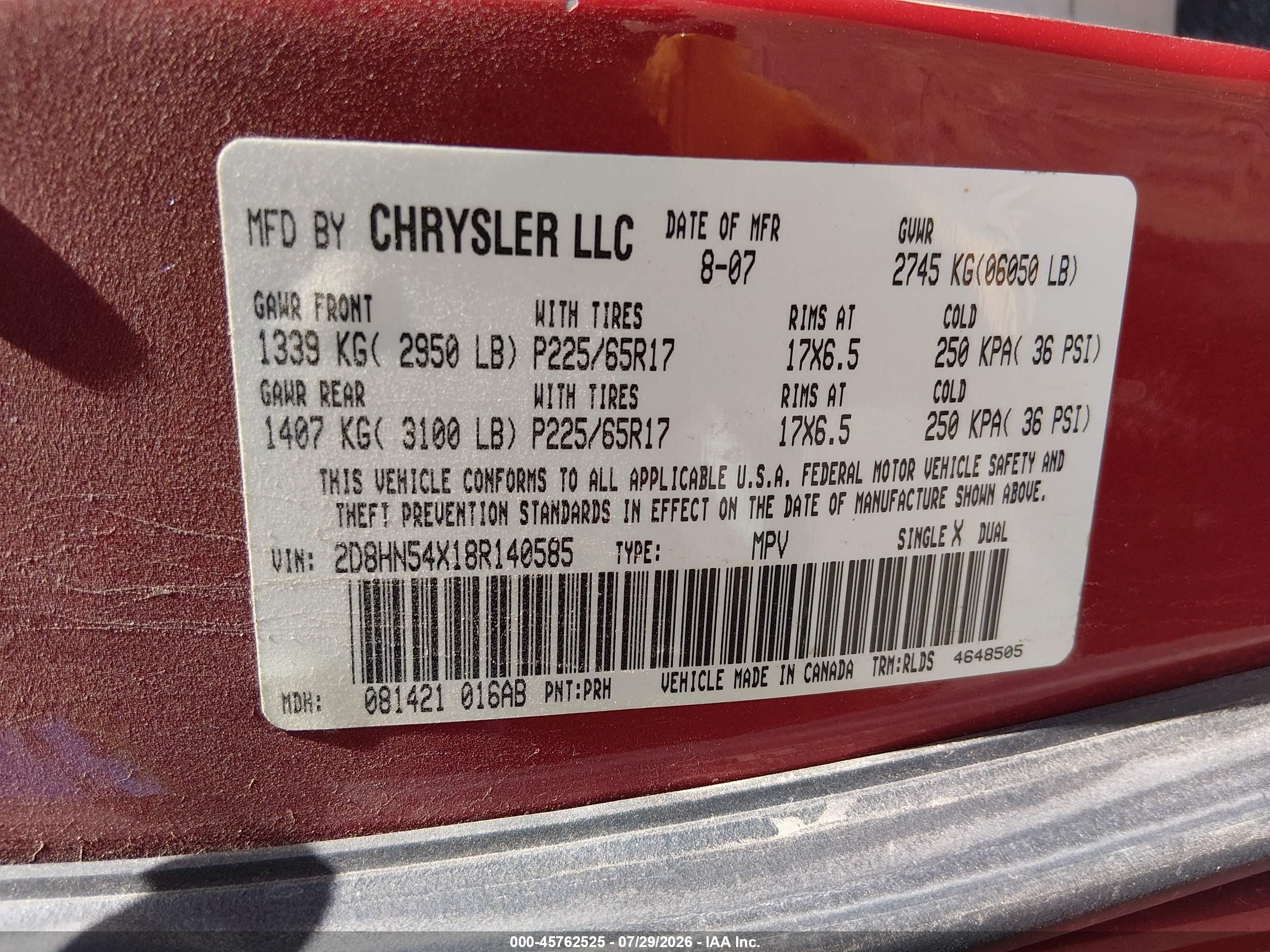 2008 Dodge Grand Caravan Sxt Burgundy vin: 2D8HN54X18R140585