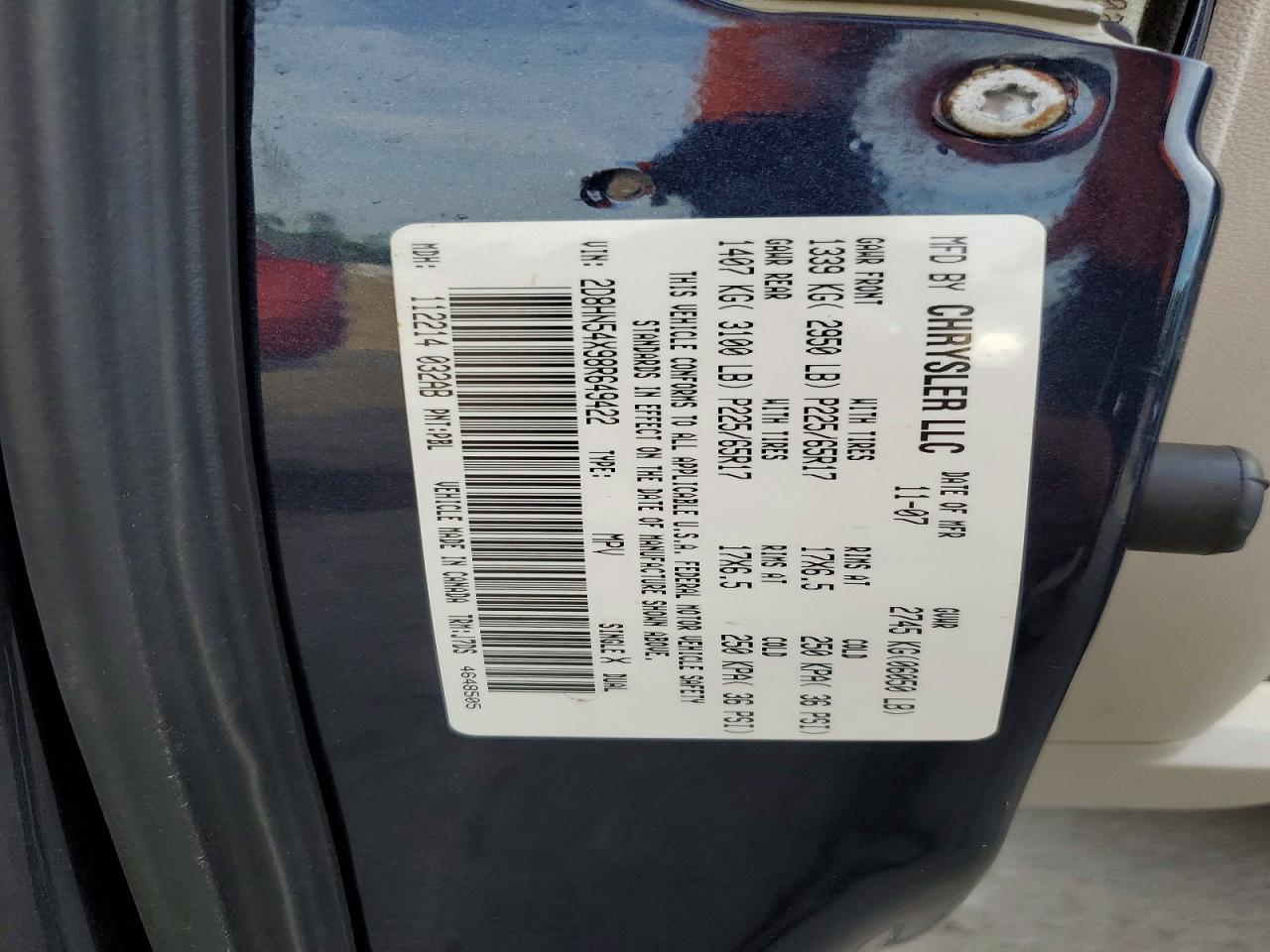 2008 Dodge Grand Caravan Sxt Blue vin: 2D8HN54X98R649422
