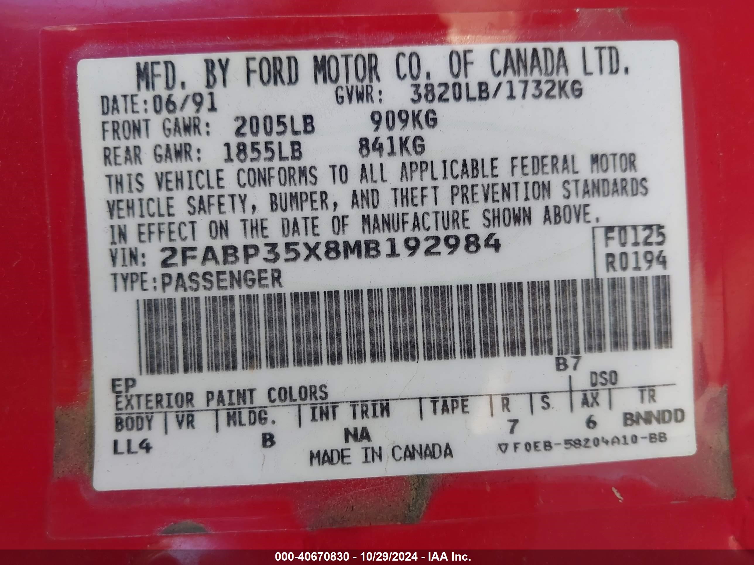 1991 Ford Tempo L Red vin: 2FABP35X8MB192984