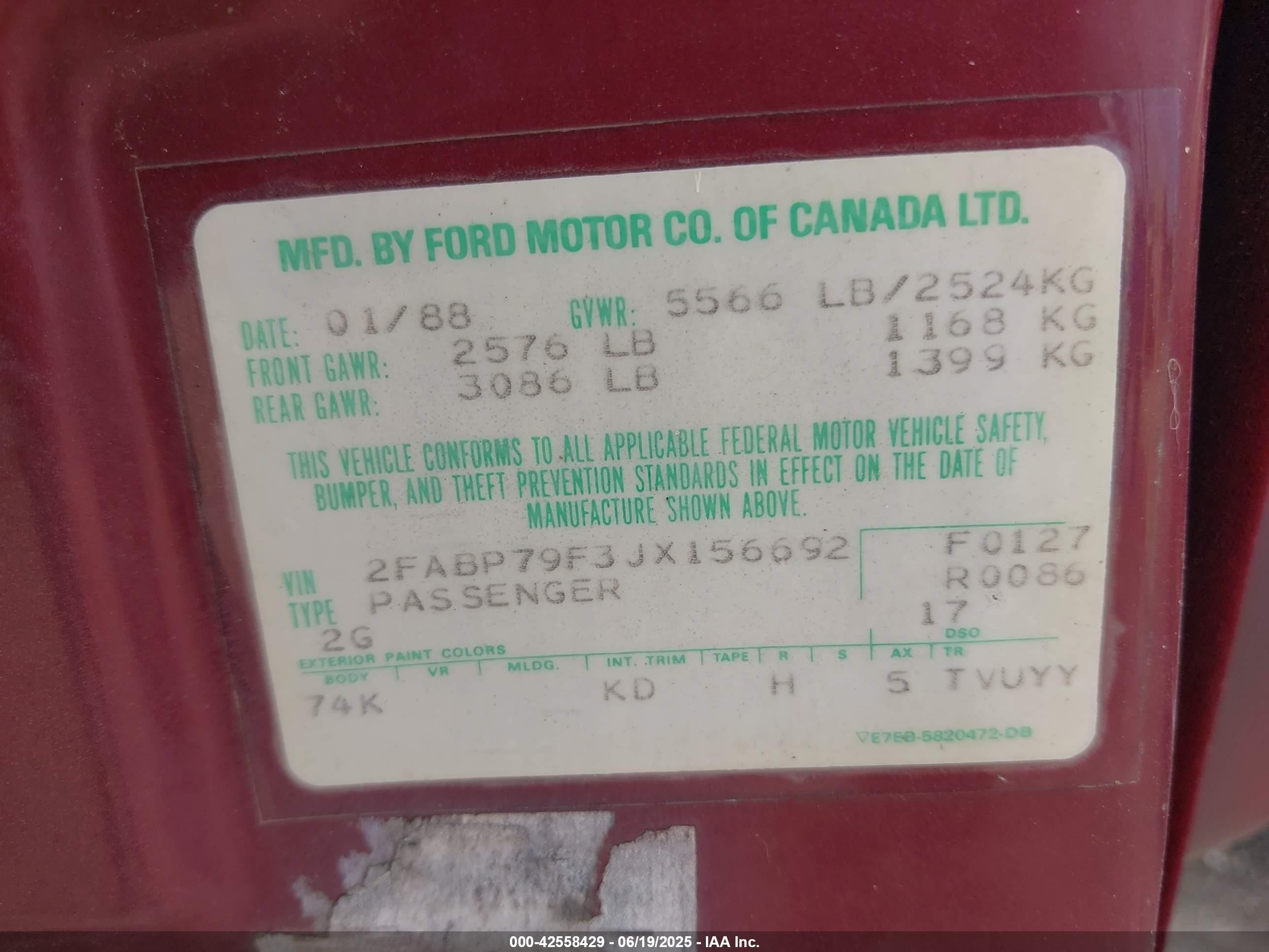 1988 Ford Crown Victoria Country Squire Lx Maroon vin: 2FABP79F3JX156692