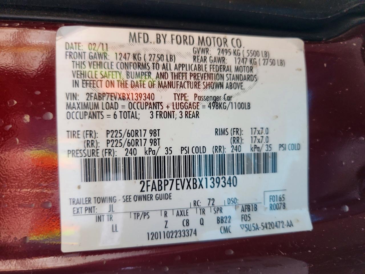 2011 Ford Crown Victoria Lx Burgundy vin: 2FABP7EVXBX139340