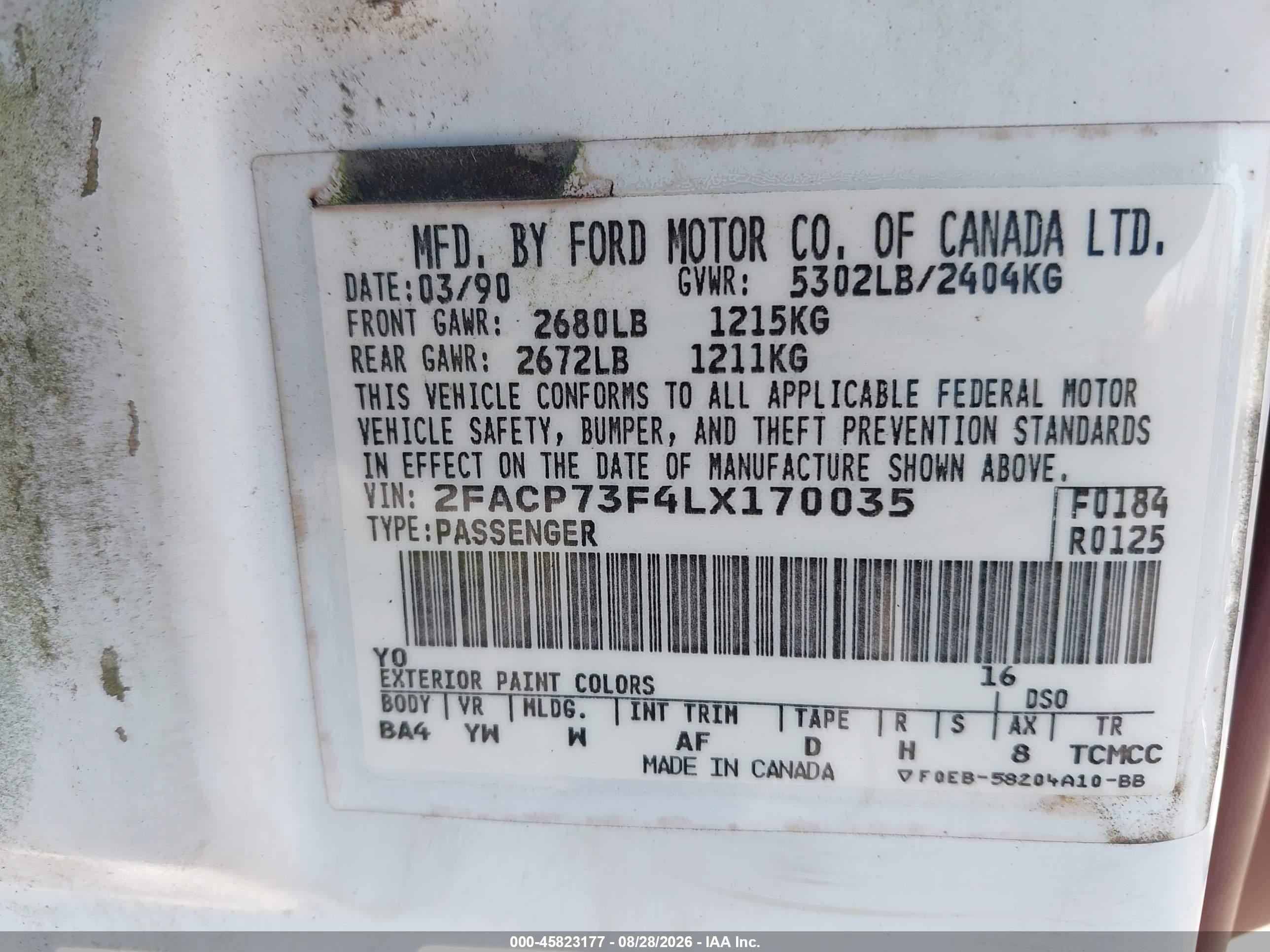 1990 Ford Crown Victoria   White vin: 2FACP73F4LX170035