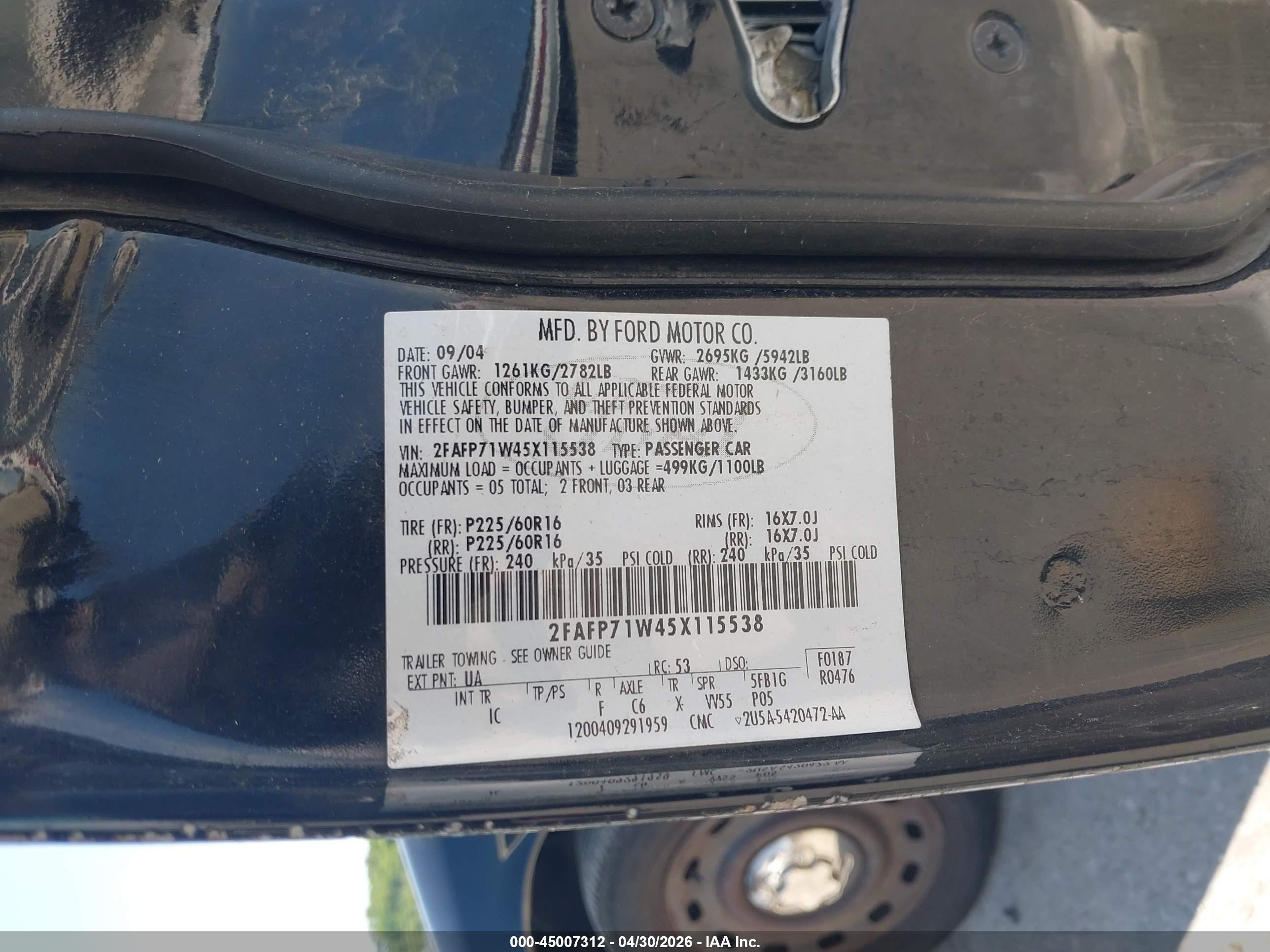 2005 Ford Crown Victoria Police Black vin: 2FAFP71W45X115538