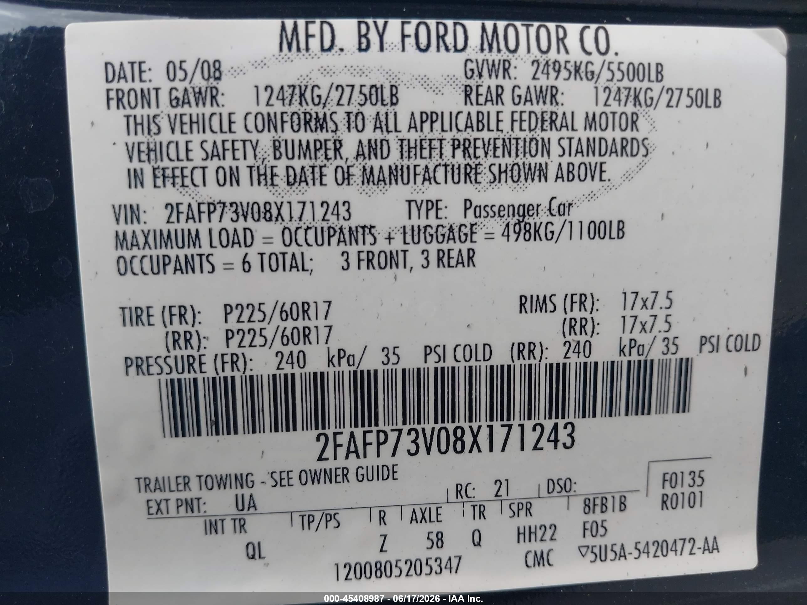 2008 Ford Crown Victoria Standard Black vin: 2FAFP73V08X171243