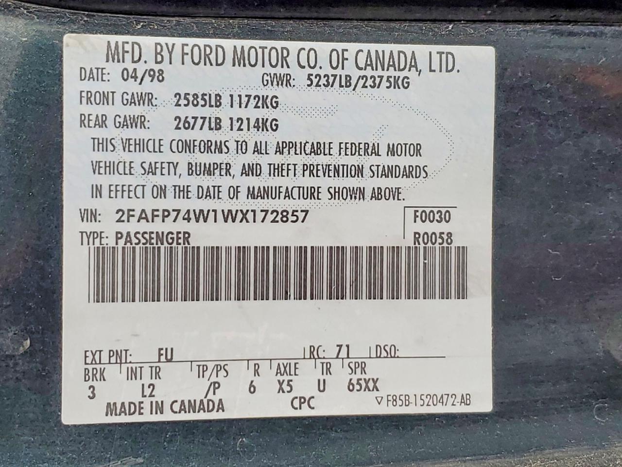 1998 Ford Crown Victoria Lx Green vin: 2FAFP74W1WX172857