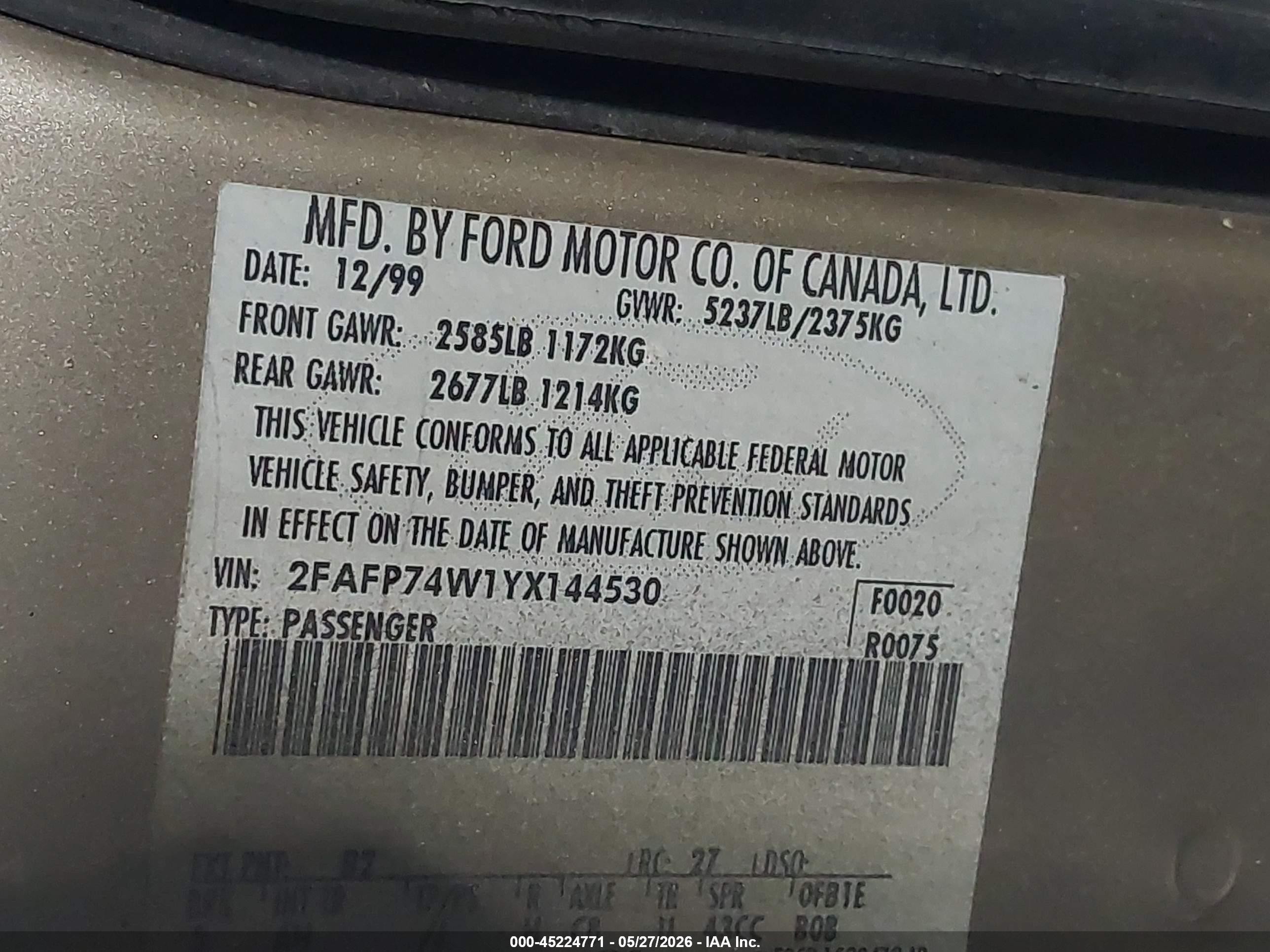 2000 Ford Crown Victoria Lx Beige vin: 2FAFP74W1YX144530