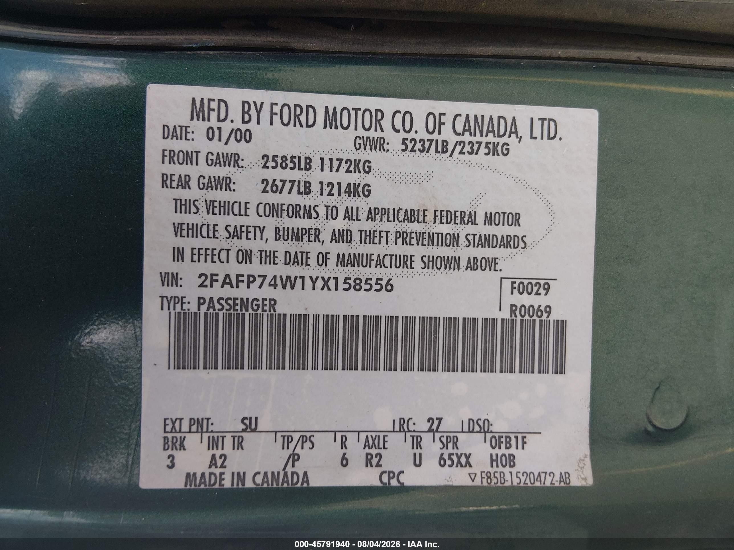 2000 Ford Crown Victoria Lx Green vin: 2FAFP74W1YX158556