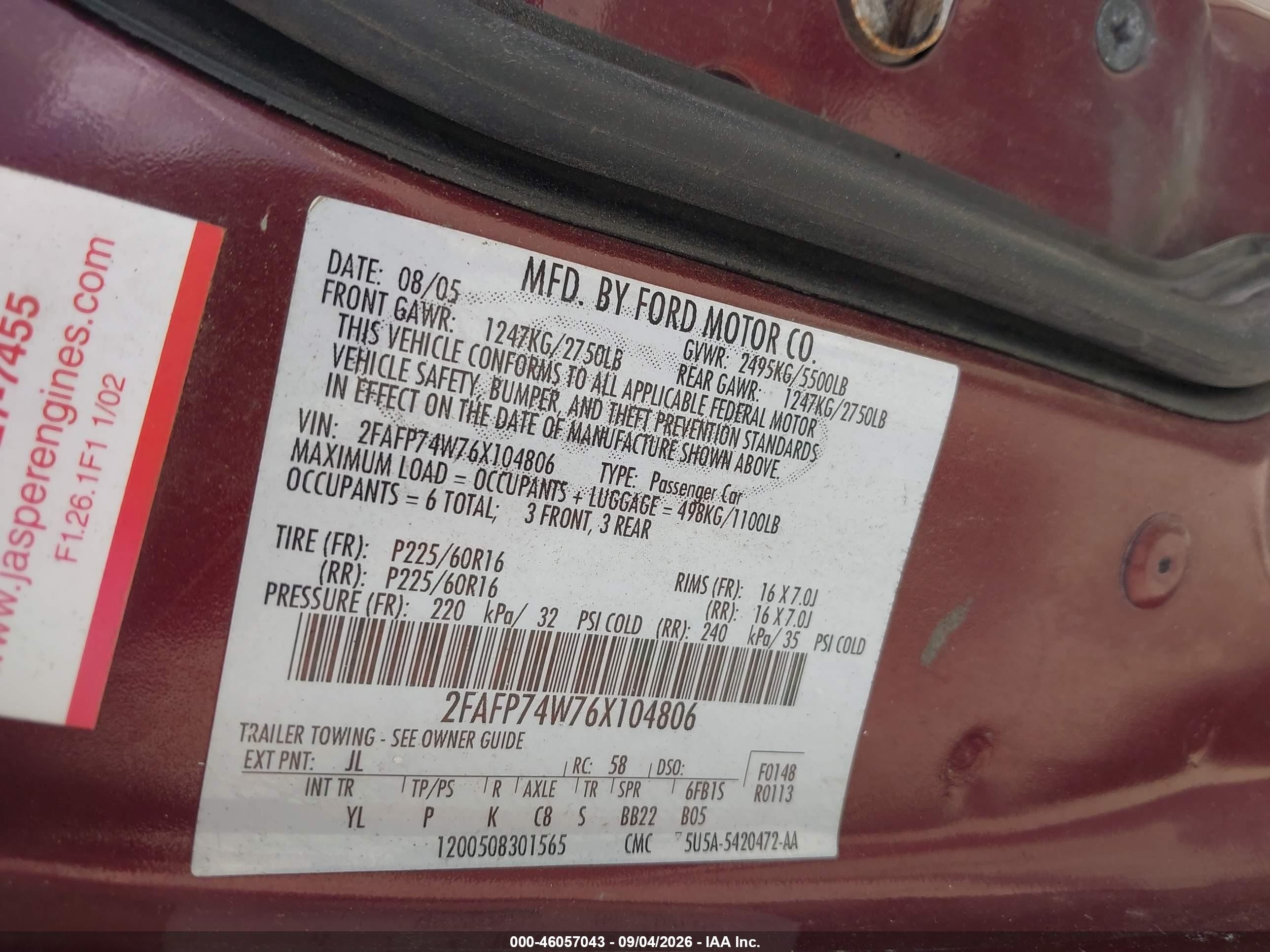 2006 Ford Crown Victoria Lx/lx Sport Burgundy vin: 2FAFP74W76X104806