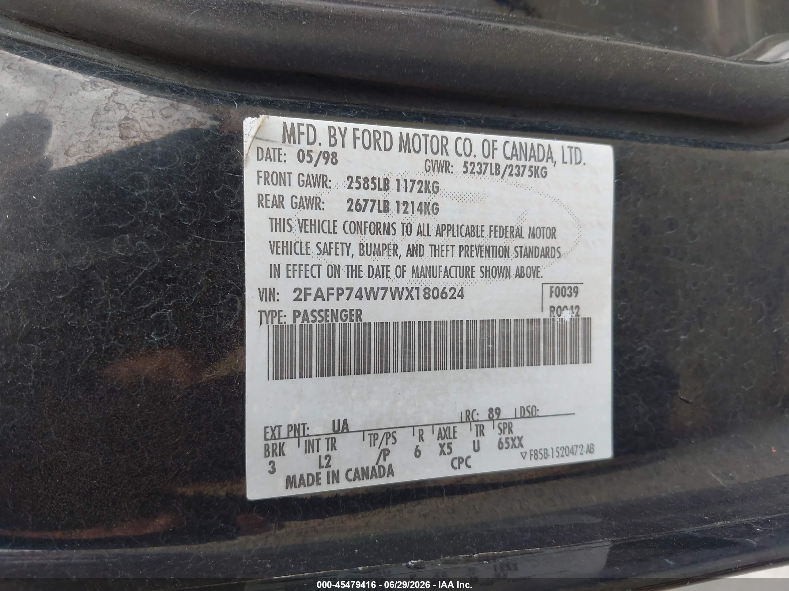 1998 Ford Crown Victoria Lx Black vin: 2FAFP74W7WX180624