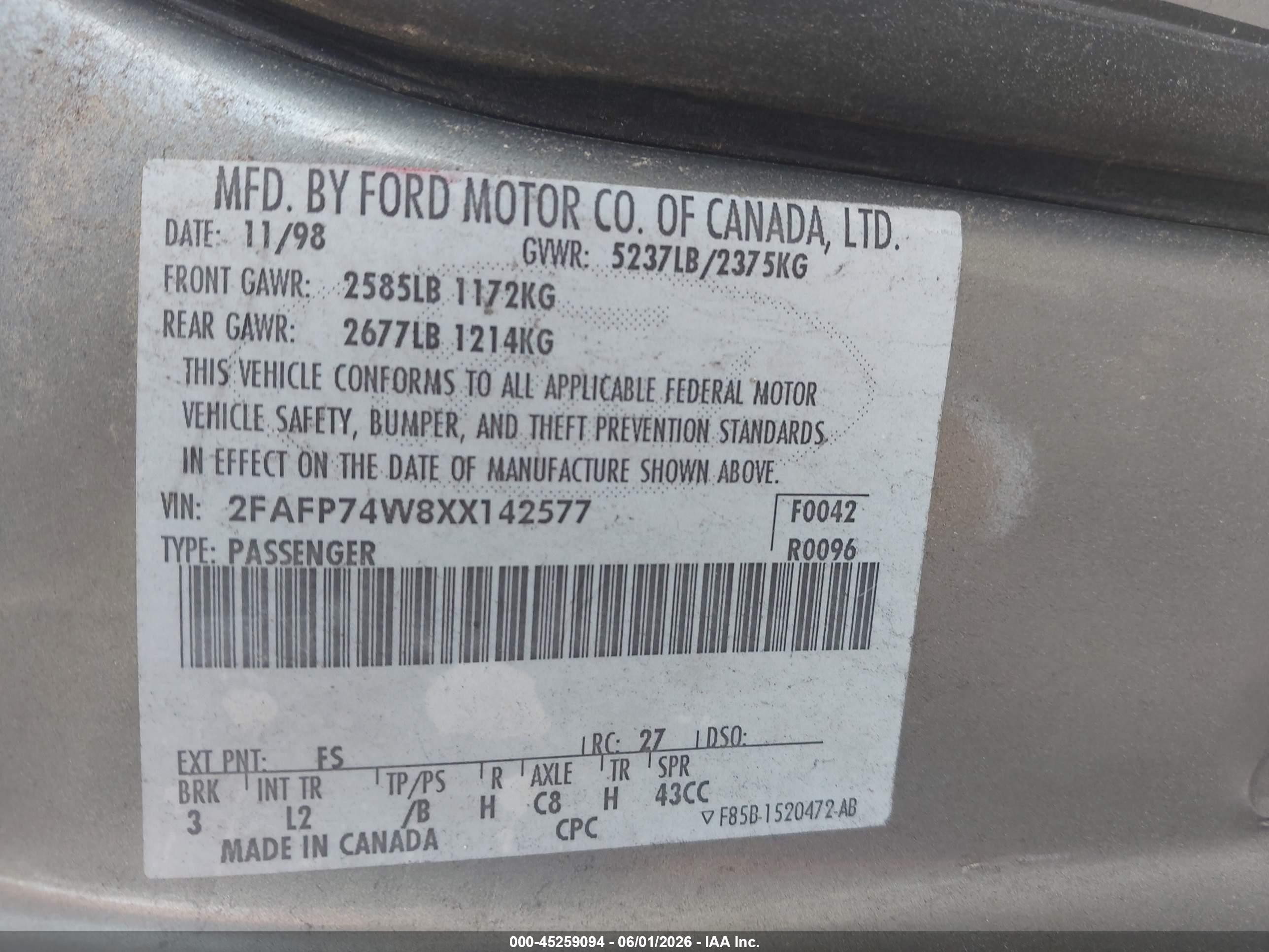 1999 Ford Crown Victoria Lx Серый vin: 2FAFP74W8XX142577