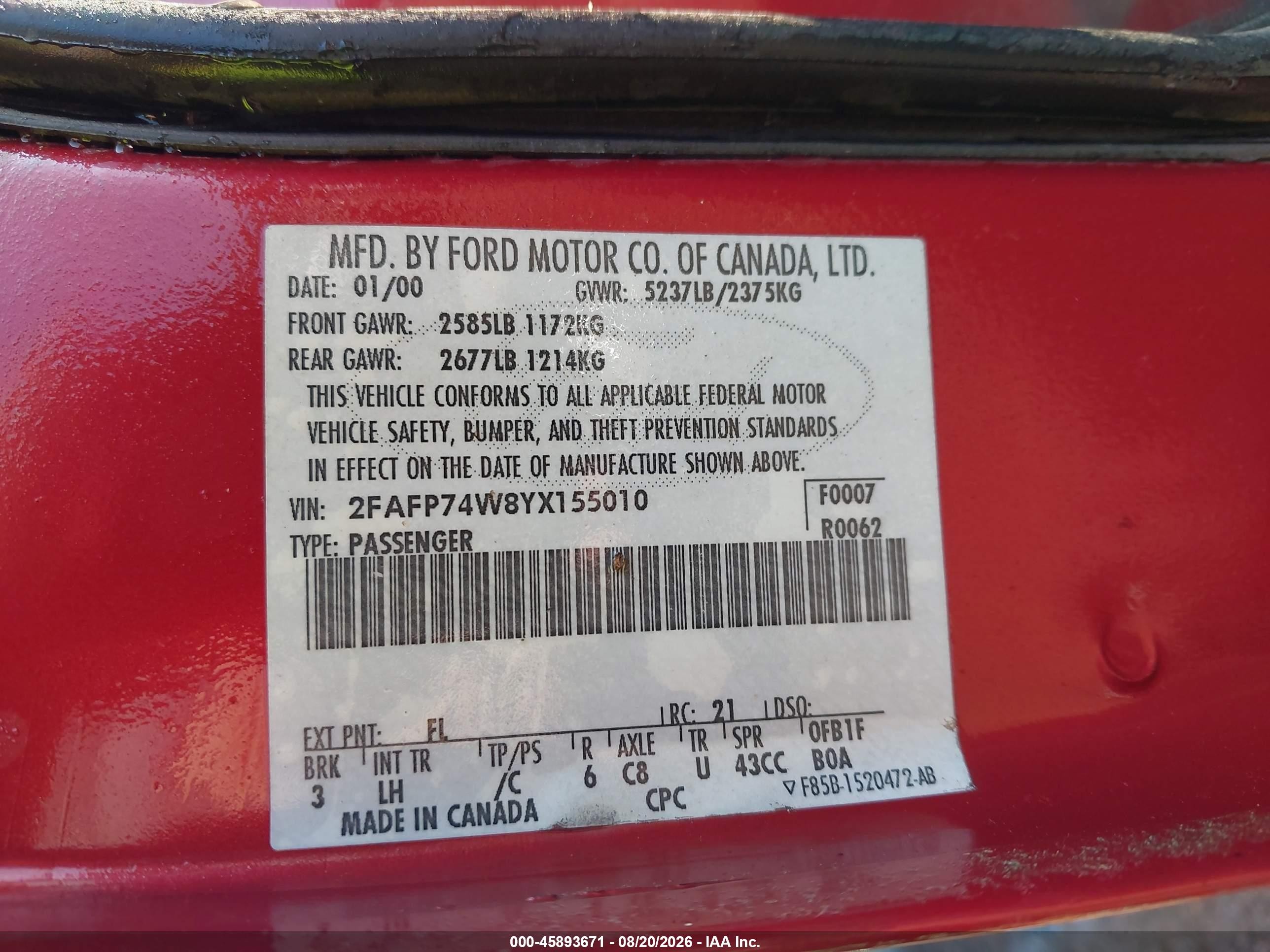 2000 Ford Crown Victoria Lx Red vin: 2FAFP74W8YX155010