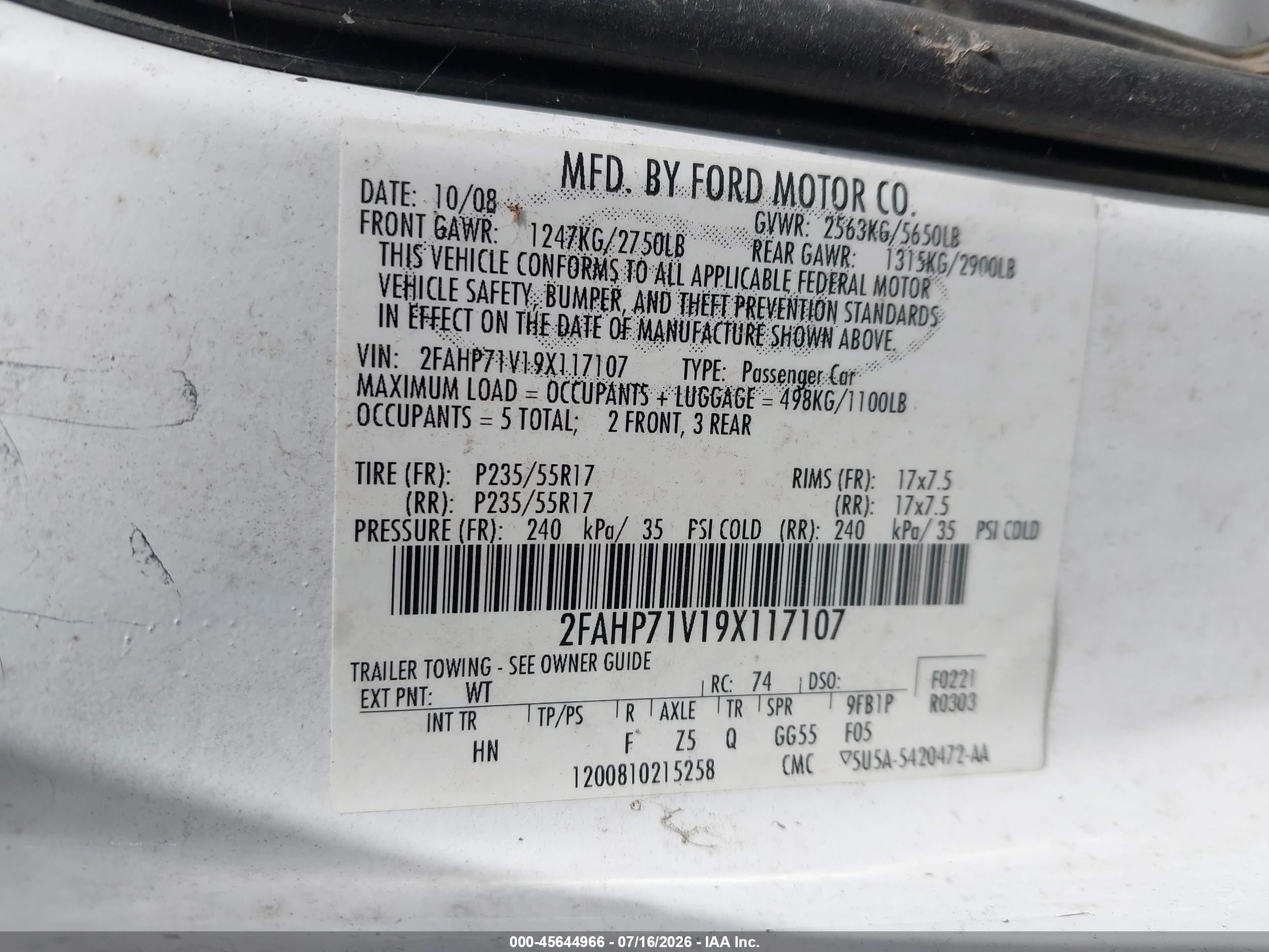 2009 Ford Crown Victoria Police Interceptor White vin: 2FAHP71V19X117107