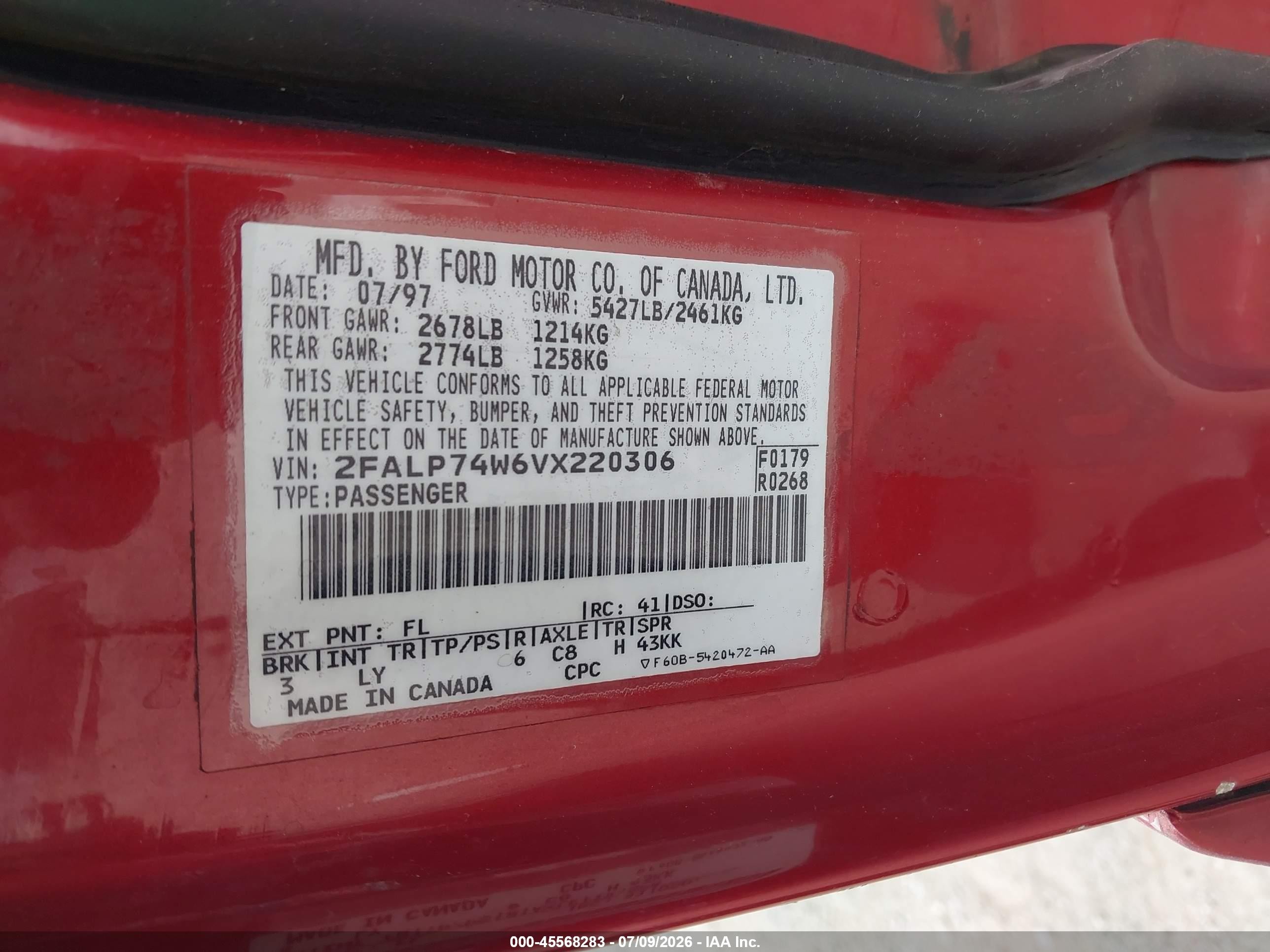 1997 Ford Crown Victoria Lx Red vin: 2FALP74W6VX220306