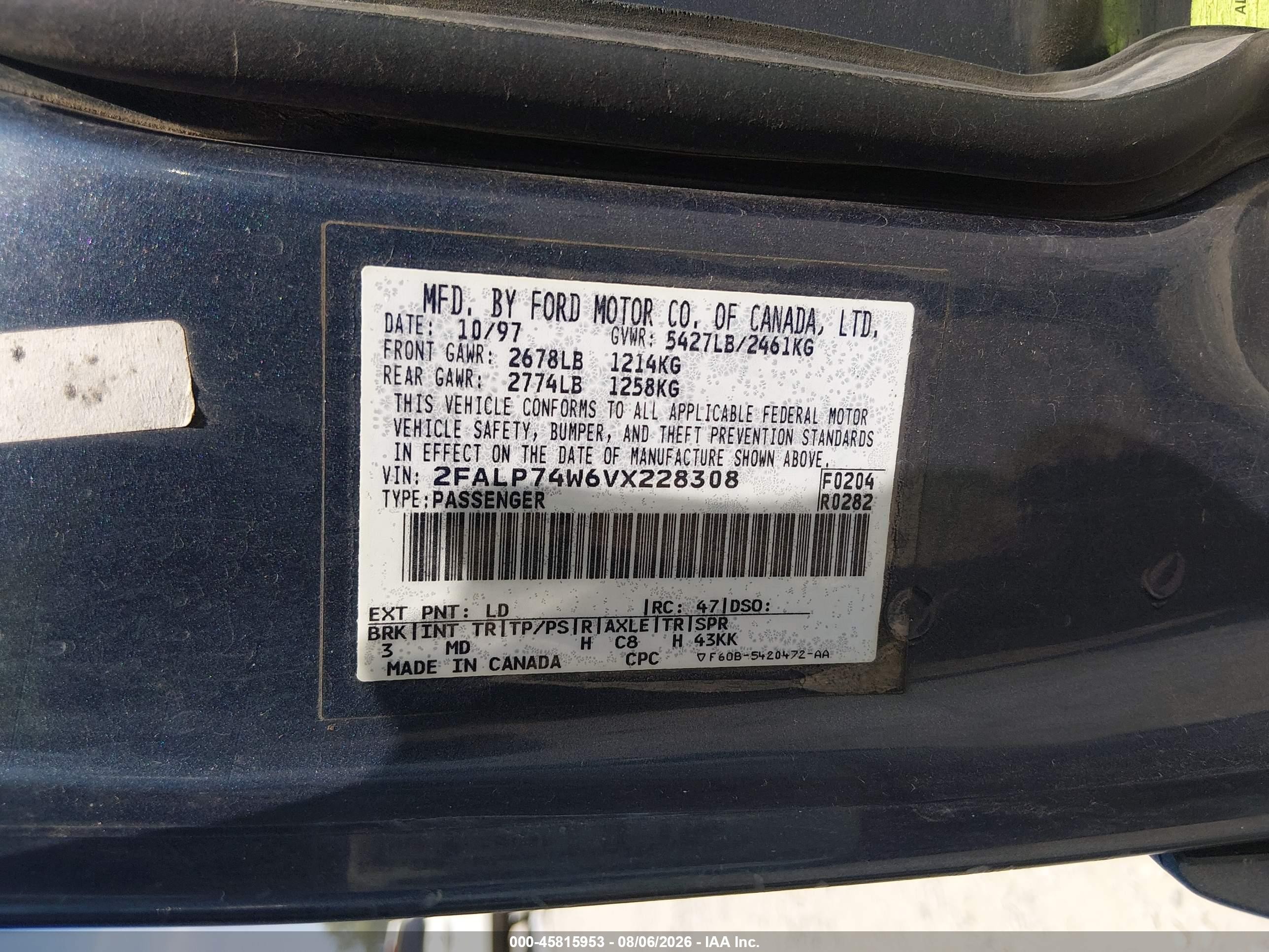 1997 Ford Crown Victoria Lx Blue vin: 2FALP74W6VX228308