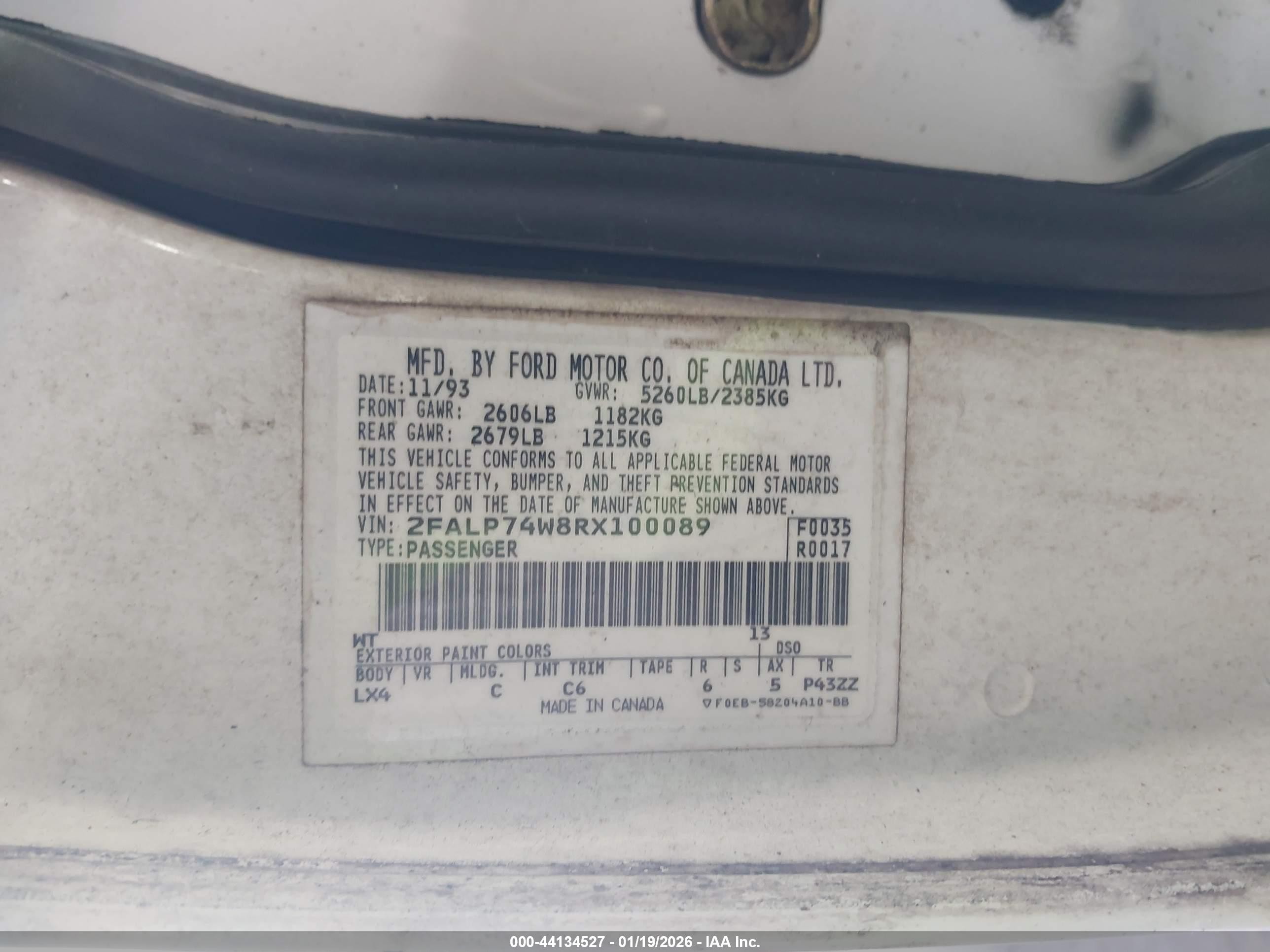1994 Ford Crown Victoria Lx White vin: 2FALP74W8RX100089