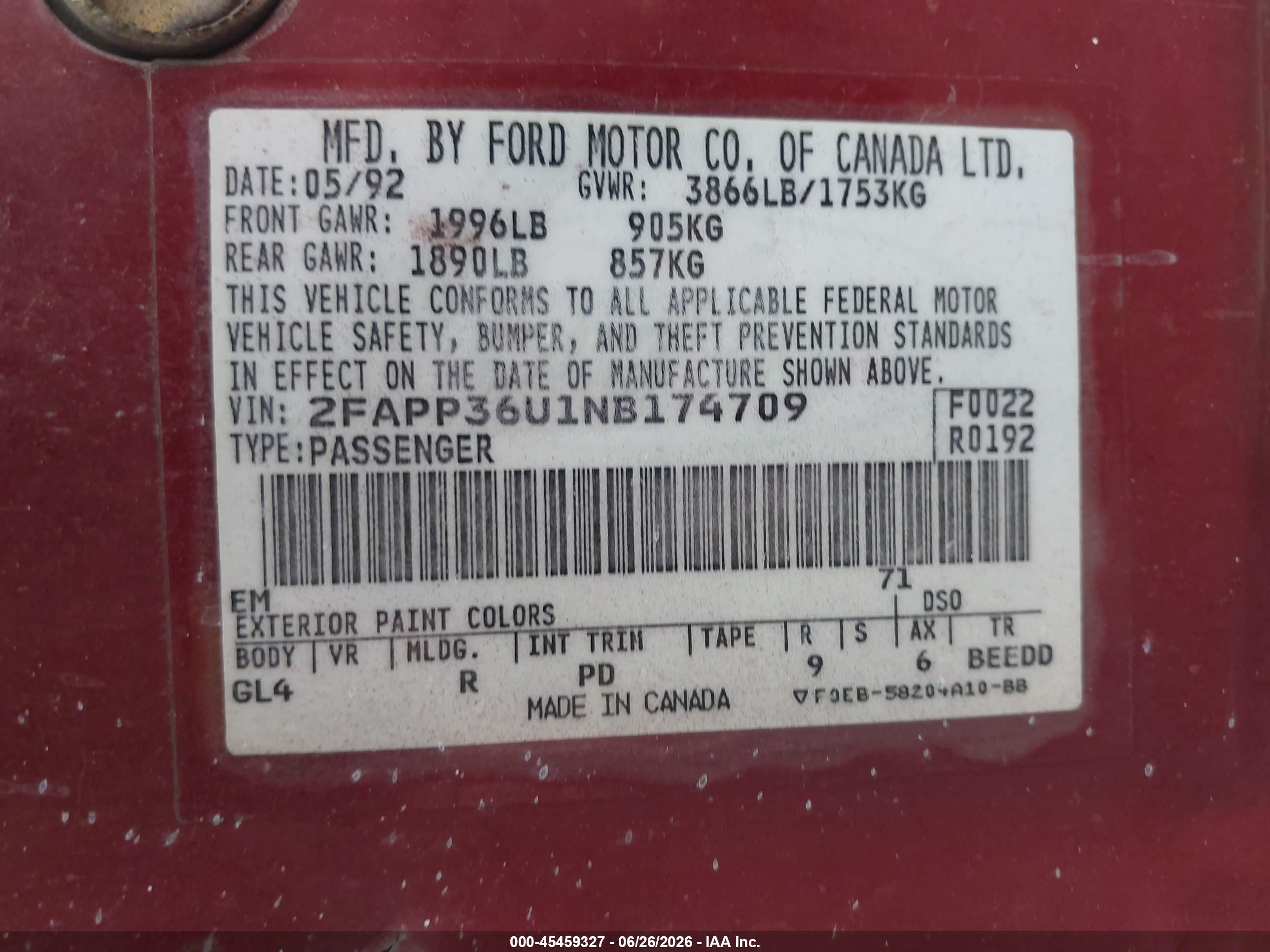 1992 Ford Tempo Gl Red vin: 2FAPP36U1NB174709