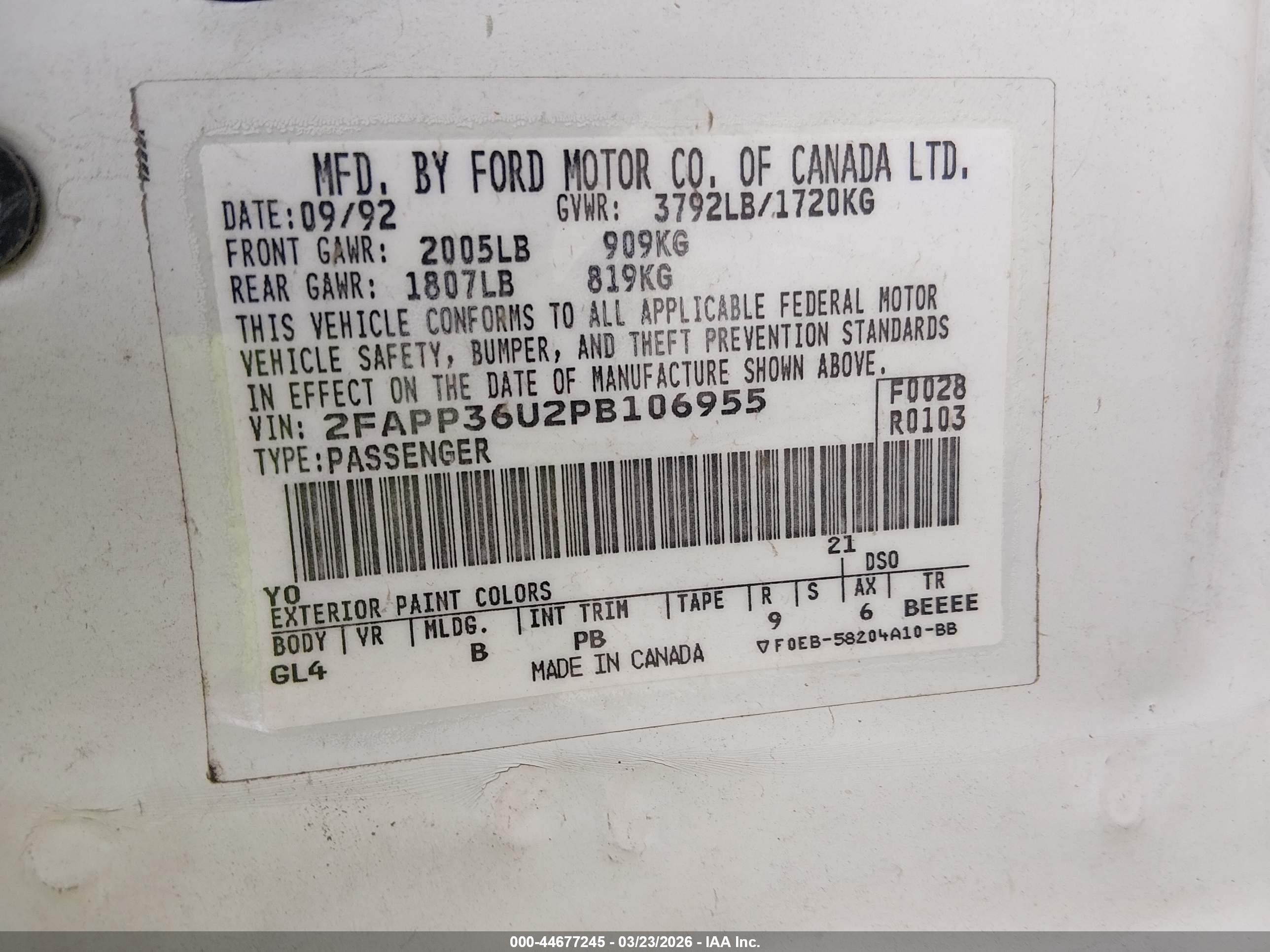 1993 Ford Tempo Gl Белый vin: 2FAPP36U2PB106955