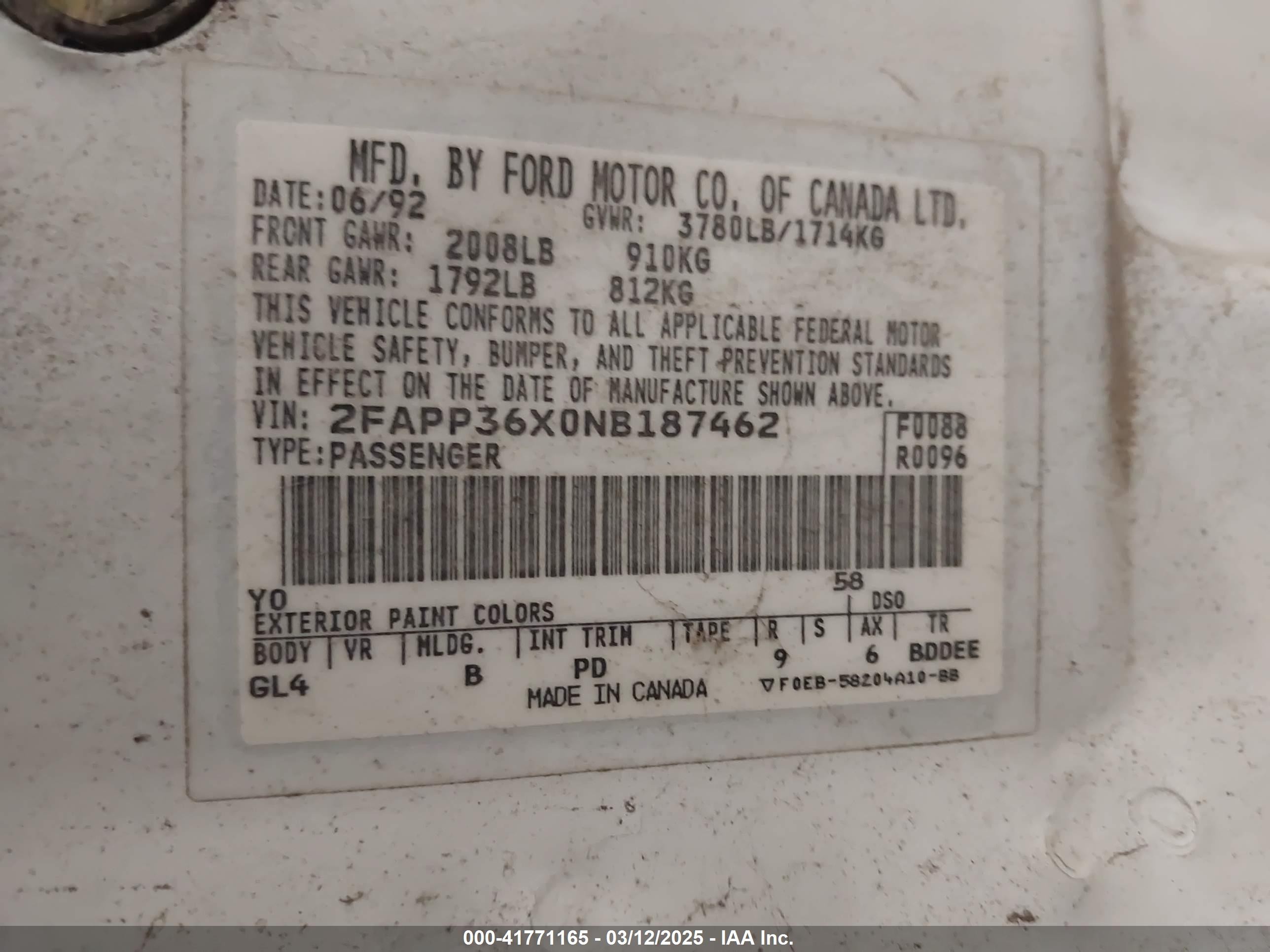 1992 Ford Tempo Gl White vin: 2FAPP36X0NB187462