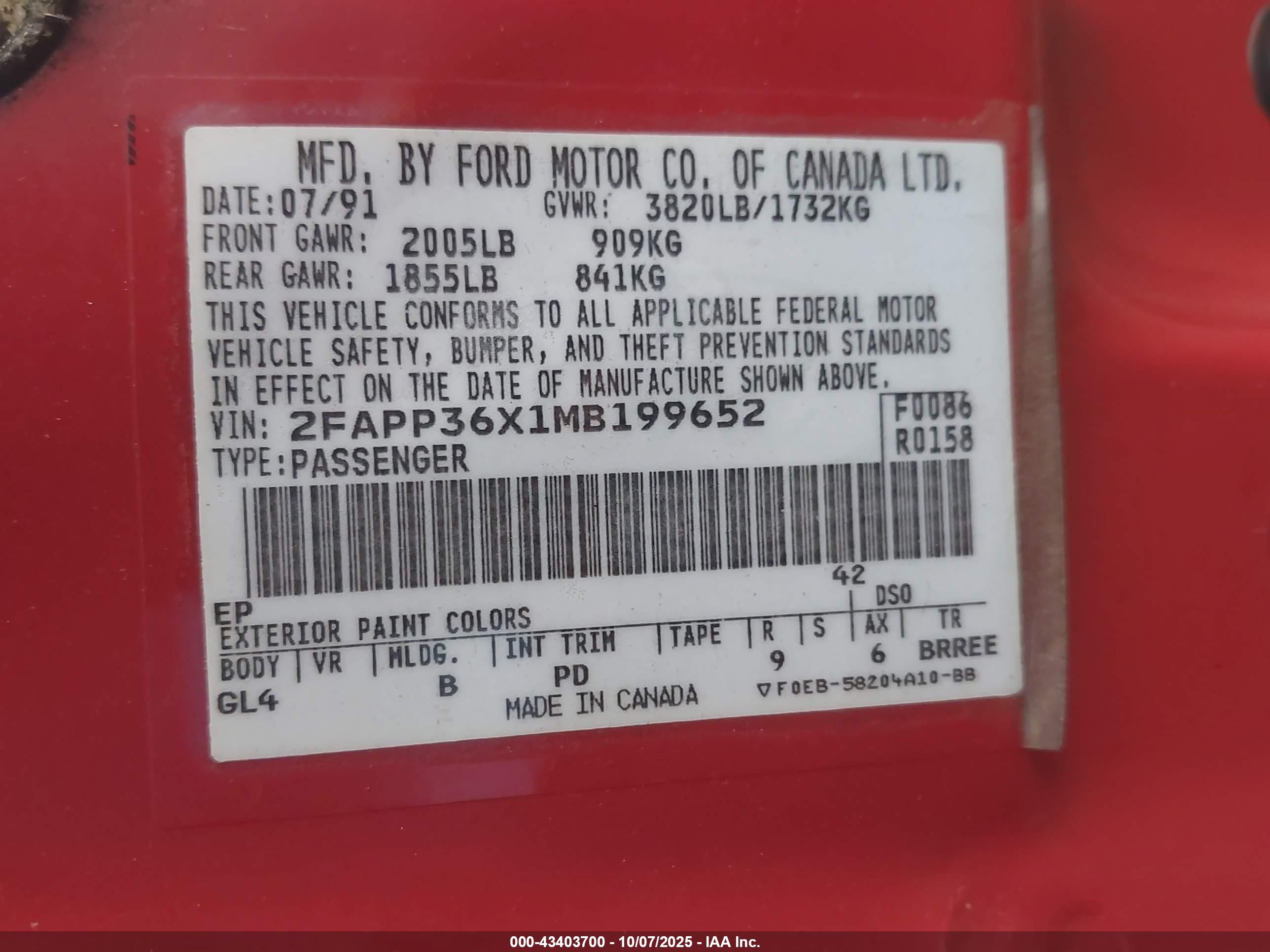 1991 Ford Tempo Gl Red vin: 2FAPP36X1MB199652